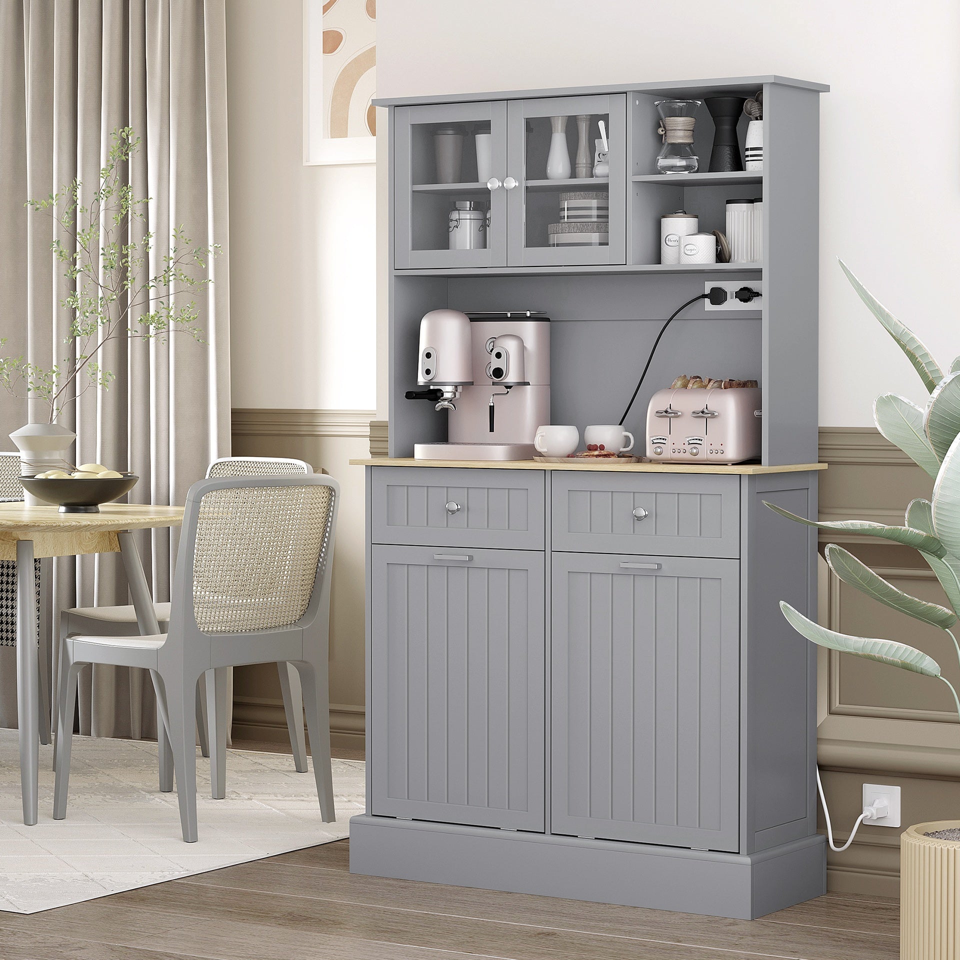 HOMCOM Kitchen Cabinet with Charging Station, 2 Tilt Out Cabinets, Microwave Stand, Freestanding Kitchen Pantry Cabinet, Gray