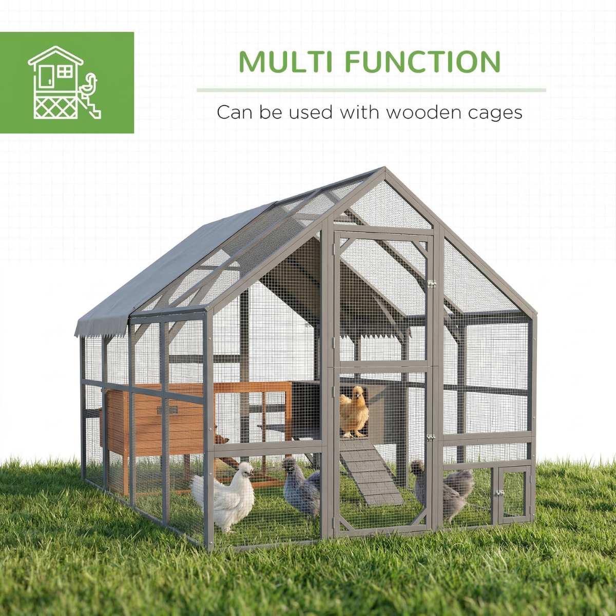 PawHut 9' x 6' x 6' Large Chicken Coop with Nesting Box, Water-Resistant and Anti-UV Cover for 8-12 Chickens, Gray