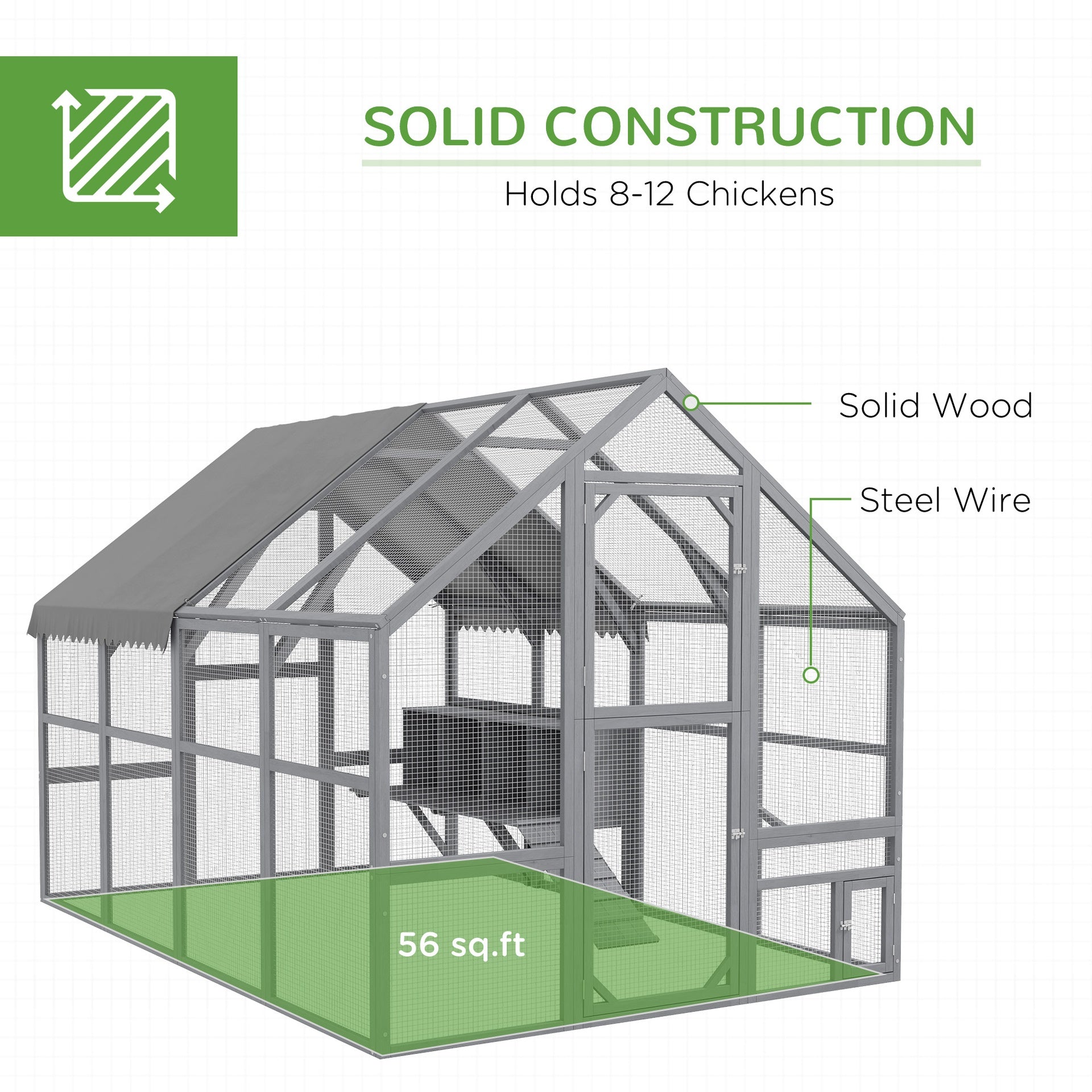 PawHut 9' x 6' x 6' Large Chicken Coop with Nesting Box, Water-Resistant and Anti-UV Cover for 8-12 Chickens, Gray