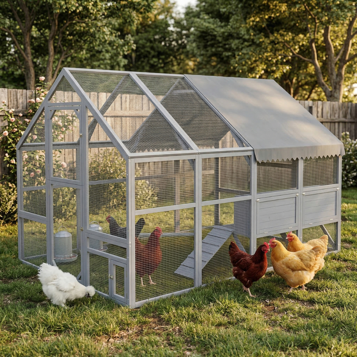 PawHut 9' x 6' x 6' Large Chicken Coop with Nesting Box, Water-Resistant and Anti-UV Cover for 8-12 Chickens, Gray
