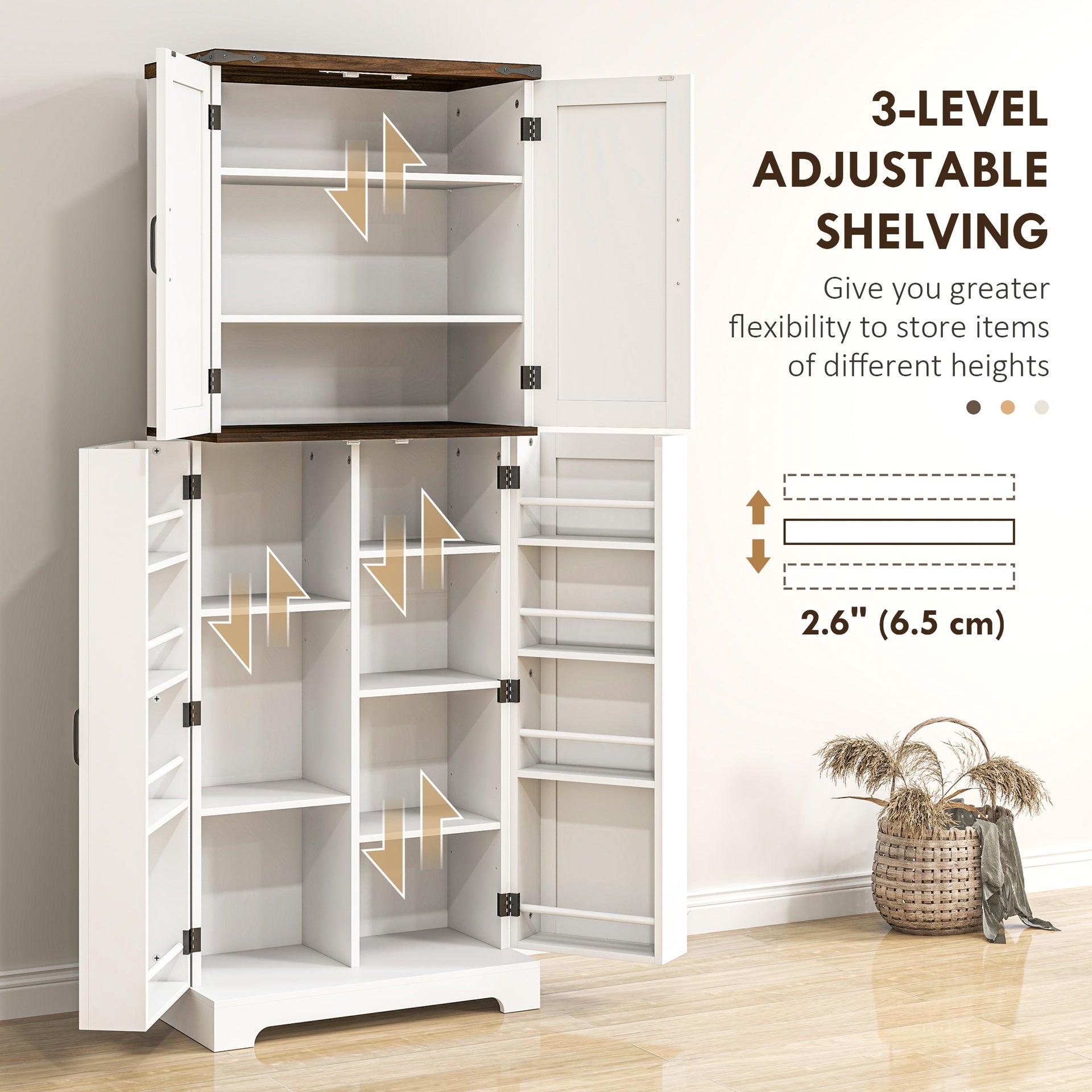 HOMCOM 64" Tall Kitchen Pantry Cabinet with Motion Sensor Light, Spice Racks and Adjustable Shelves, White