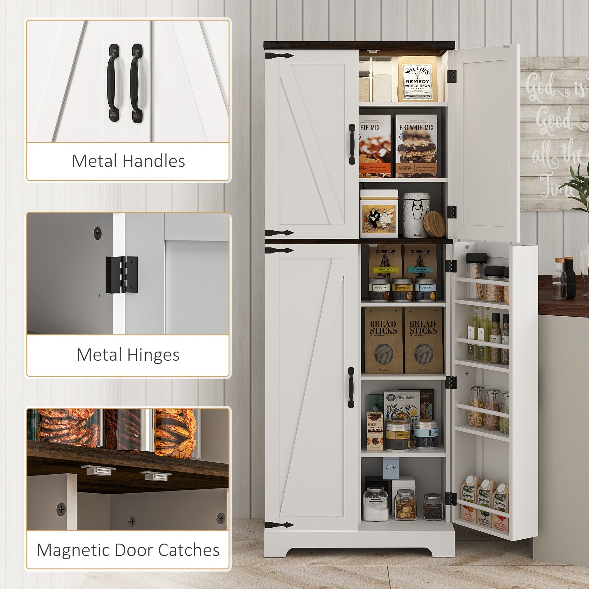 HOMCOM 64" Tall Kitchen Pantry Cabinet with Motion Sensor Light, Spice Racks and Adjustable Shelves, White
