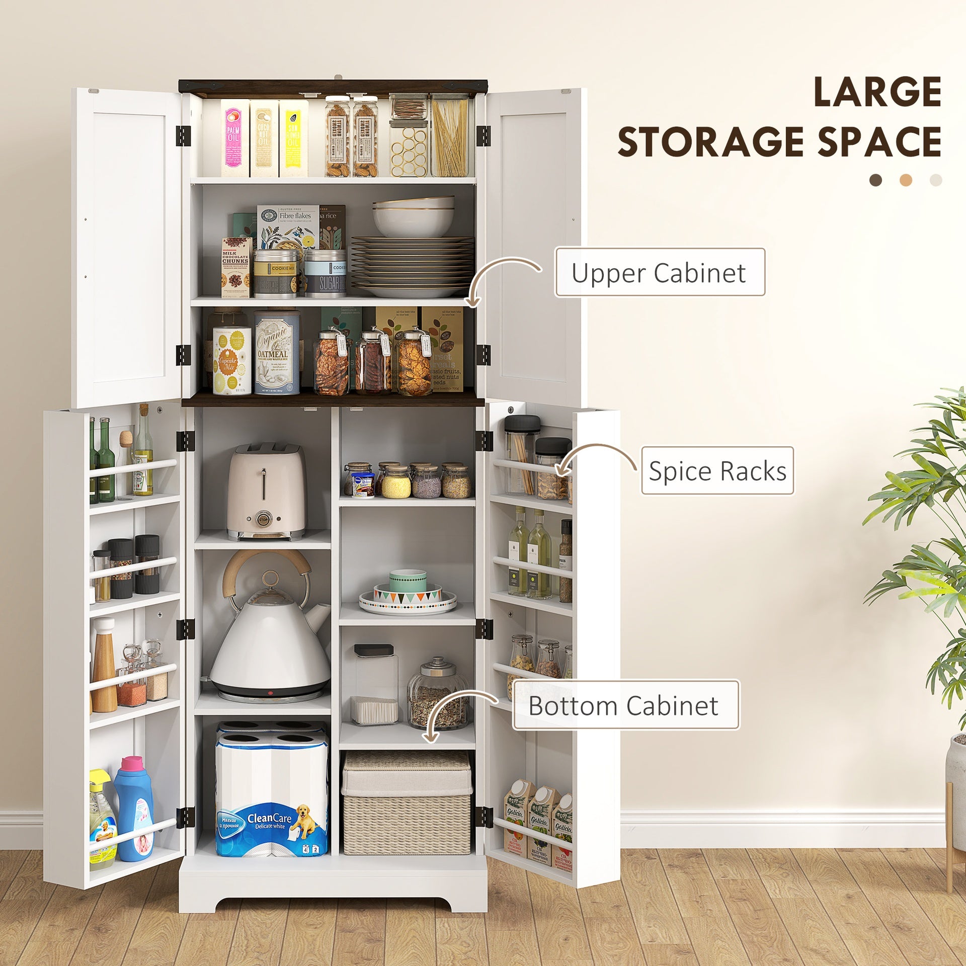 HOMCOM 64" Tall Kitchen Pantry Cabinet with Motion Sensor Light, Spice Racks and Adjustable Shelves, White