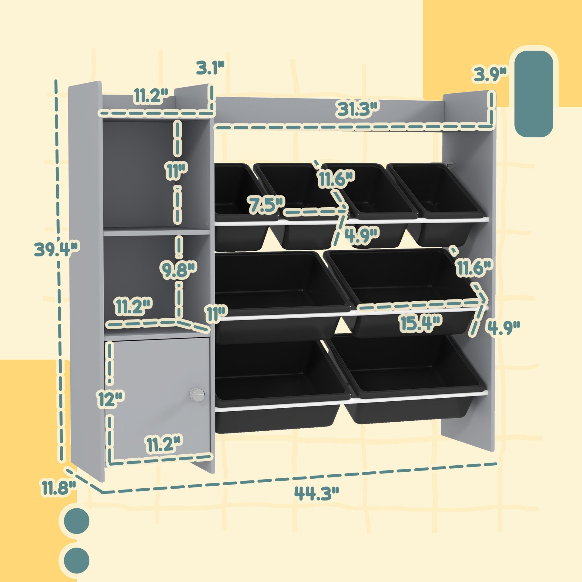 Qaba Toy Storage Organizer with 8 Bins, 2 Storage Cubbies, Shelf, Drawer, Gray