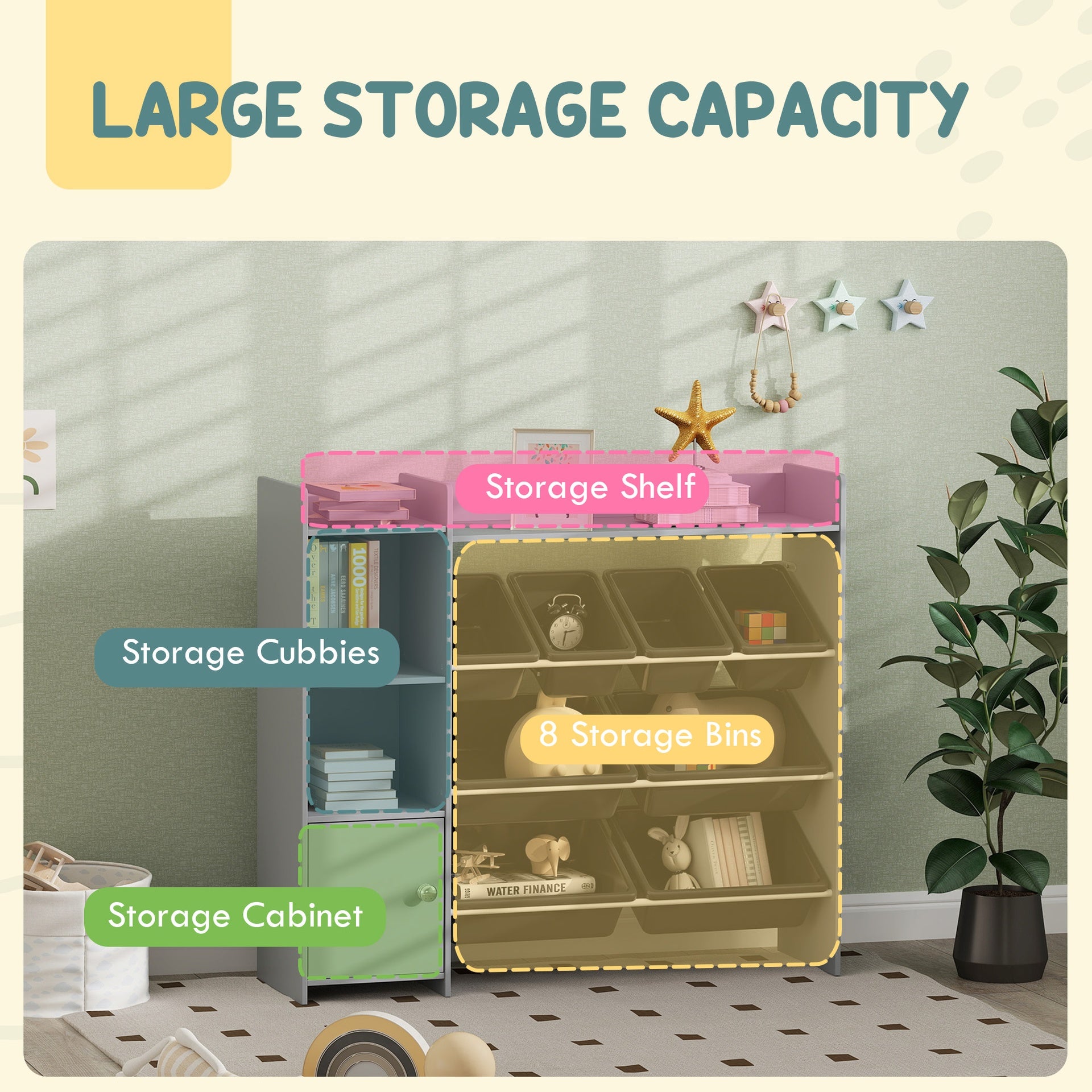 Qaba Toy Storage Organizer with 8 Bins, 2 Storage Cubbies, Shelf, Drawer, Gray
