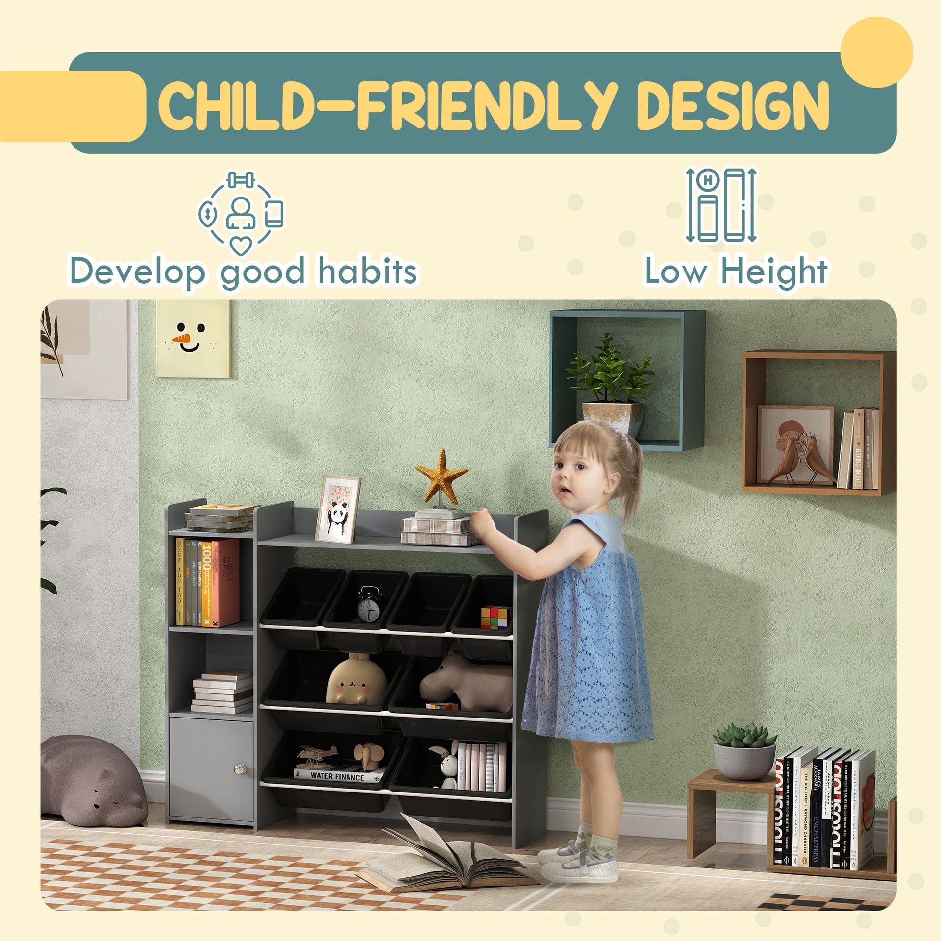 Qaba Toy Storage Organizer with 8 Bins, 2 Storage Cubbies, Shelf, Drawer, Gray