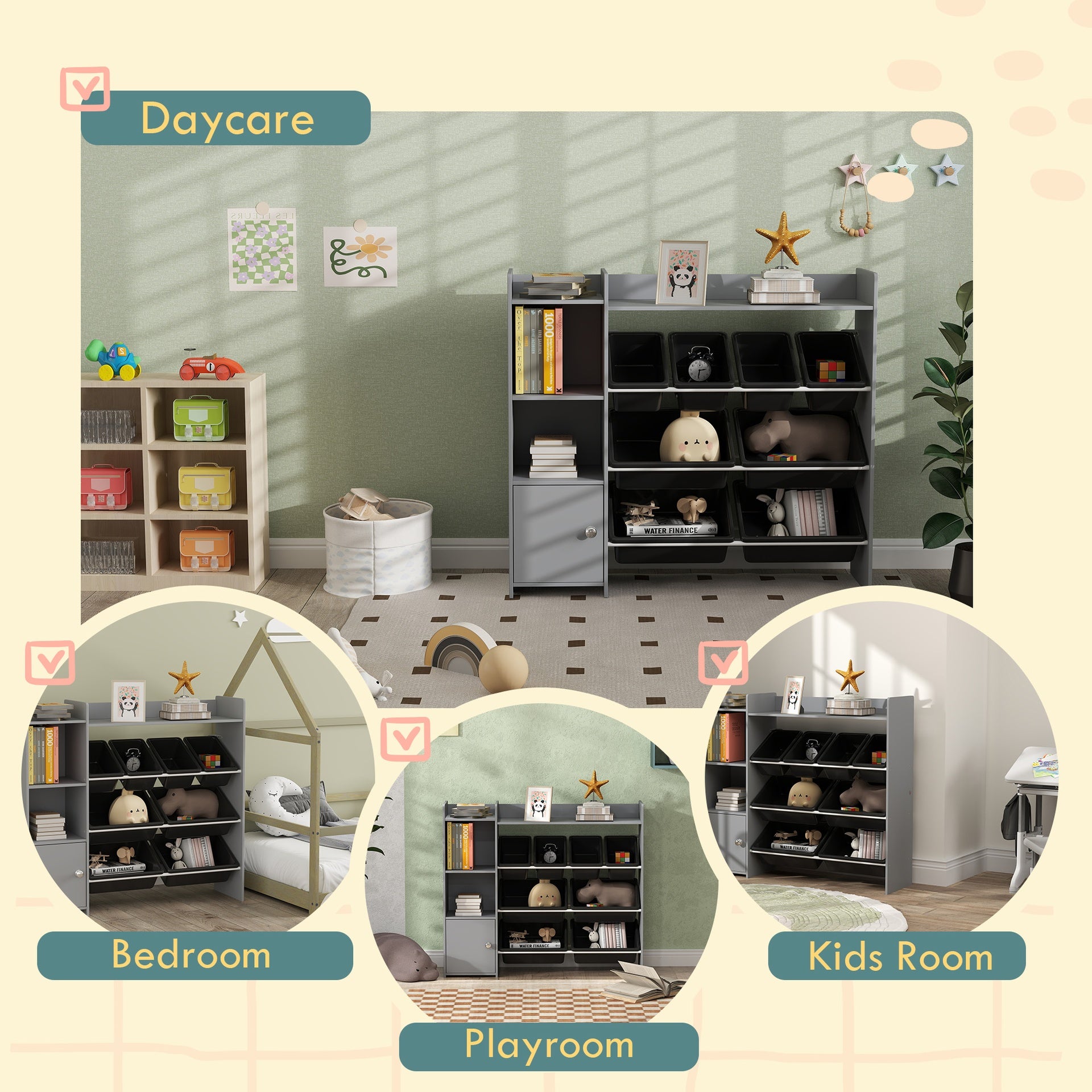 Qaba Toy Storage Organizer with 8 Bins, 2 Storage Cubbies, Shelf, Drawer, Gray