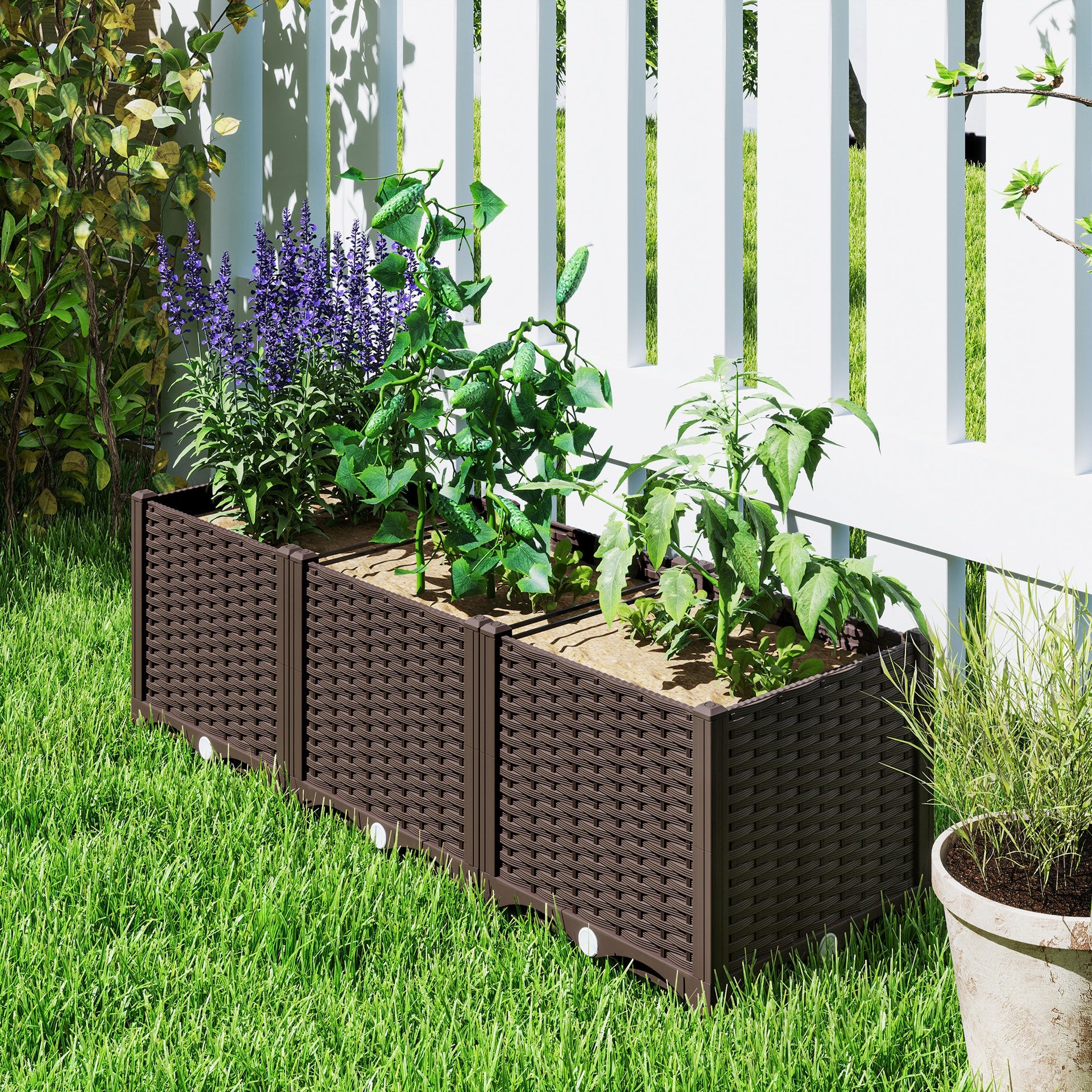 Outsunny Plastic Raised Garden Bed, 4 x 1 x 1 ft Outdoor Flower Box with Drainage Holes for Vegetables, Herbs, Brown