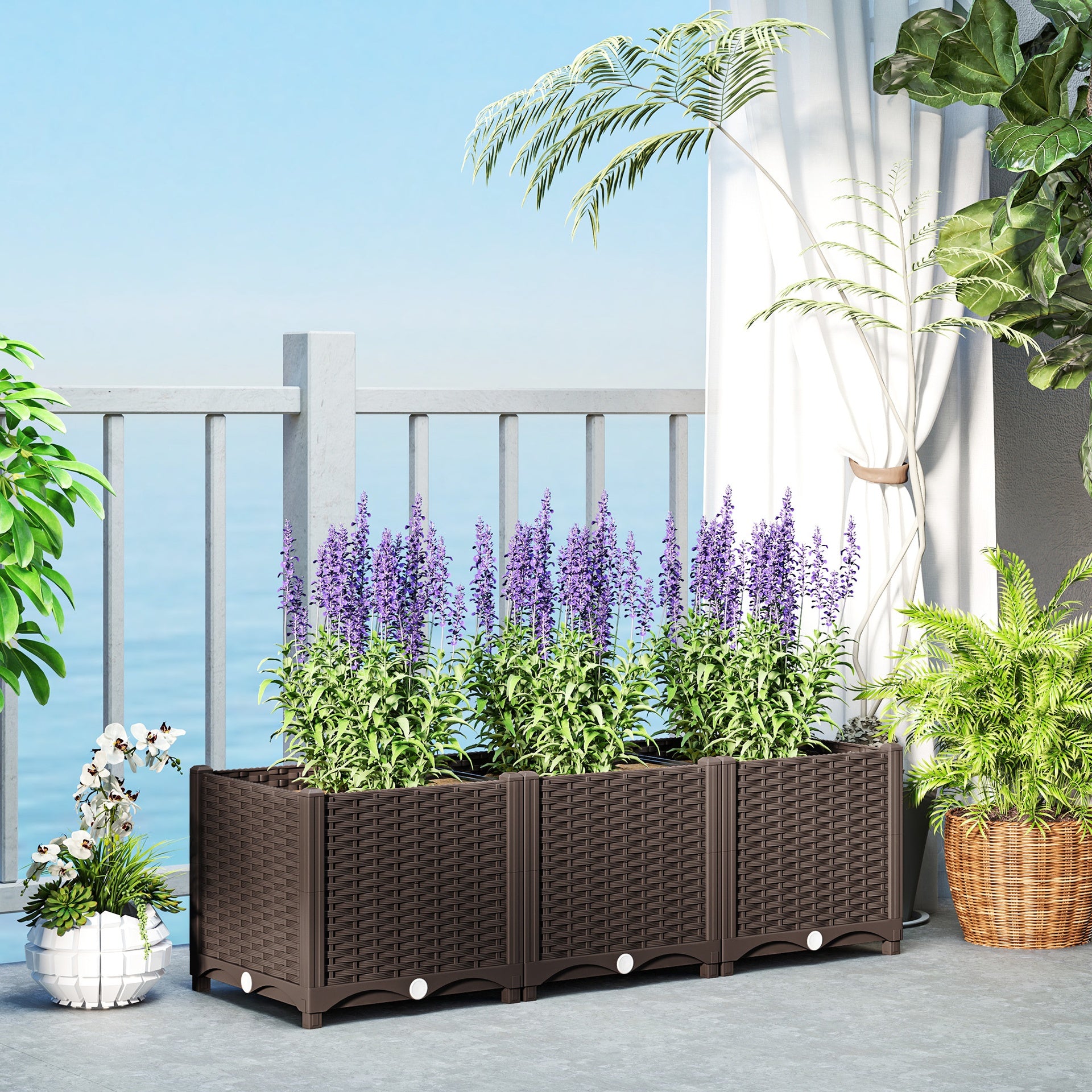 Outsunny Plastic Raised Garden Bed, 4 x 1 x 1 ft Outdoor Flower Box with Drainage Holes for Vegetables, Herbs, Brown