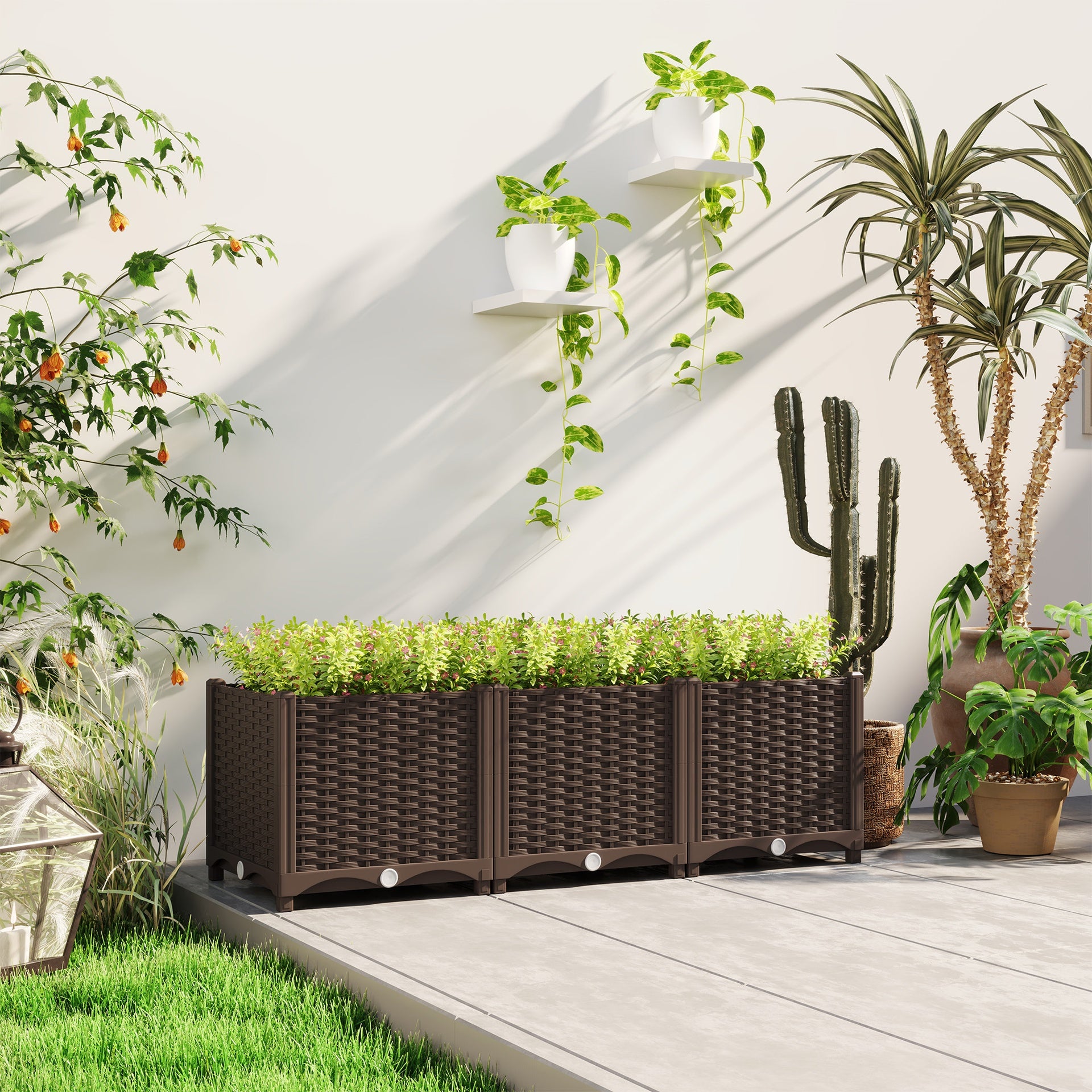 Outsunny Plastic Raised Garden Bed, 4 x 1 x 1 ft Outdoor Flower Box with Drainage Holes for Vegetables, Herbs, Brown