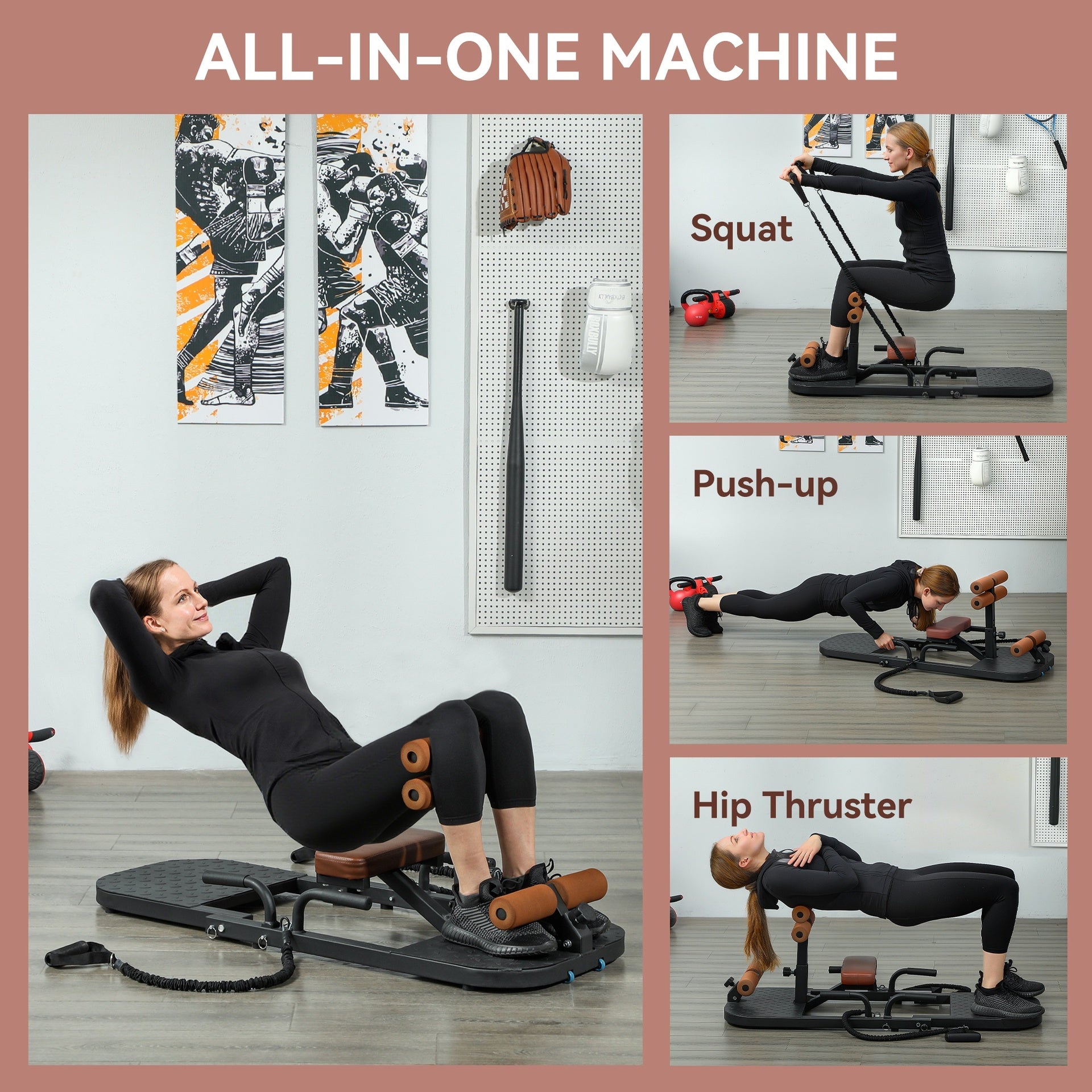 Soozier Foldable Sissy Squat Machine, Hip Thrust Machine with Push Up Stand, Multipurpose Glute Workout Equipment, Black
