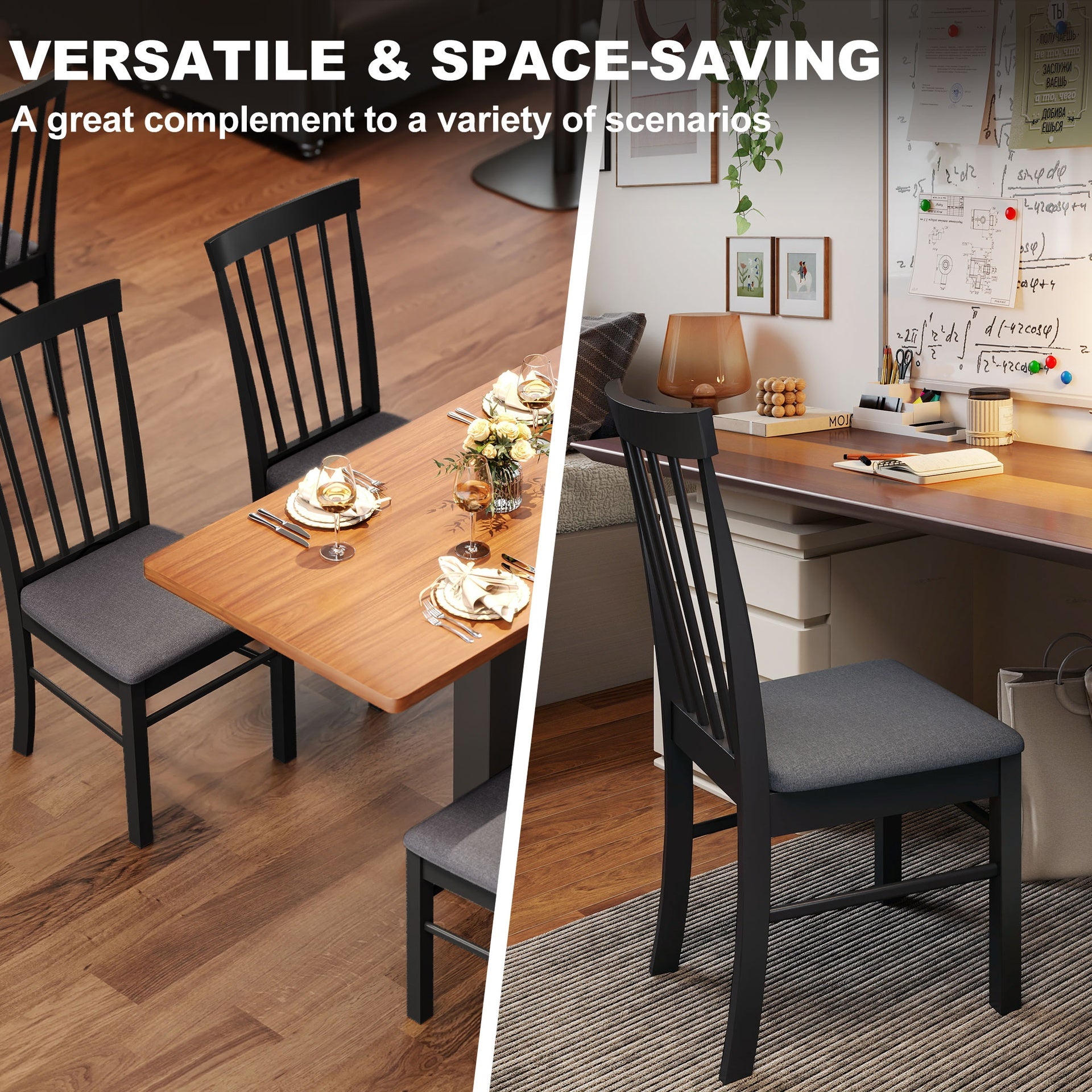 HOMCOM Wooden Dining Chairs Set of 2, Farmhouse Upholstered Kitchen Chairs with Rubber Wood Frame, Black and Gray