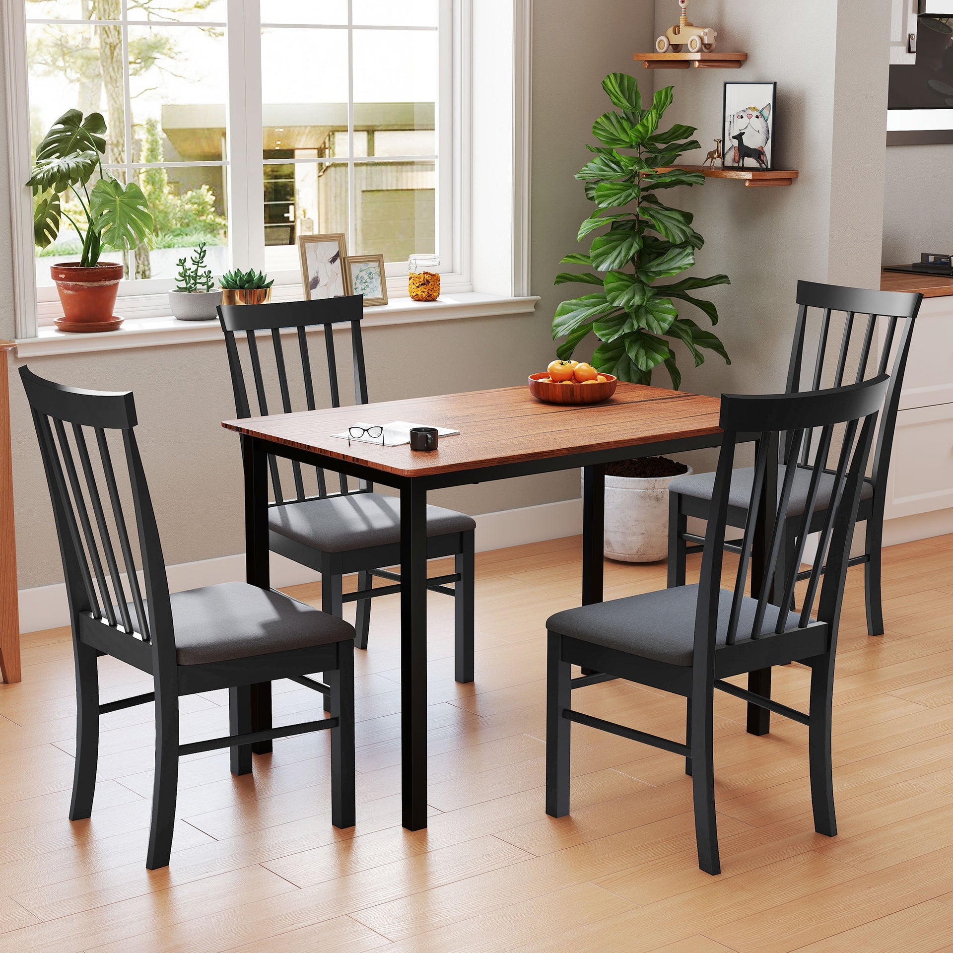 HOMCOM Wooden Dining Chairs Set of 2, Farmhouse Upholstered Kitchen Chairs with Rubber Wood Frame, Black and Gray