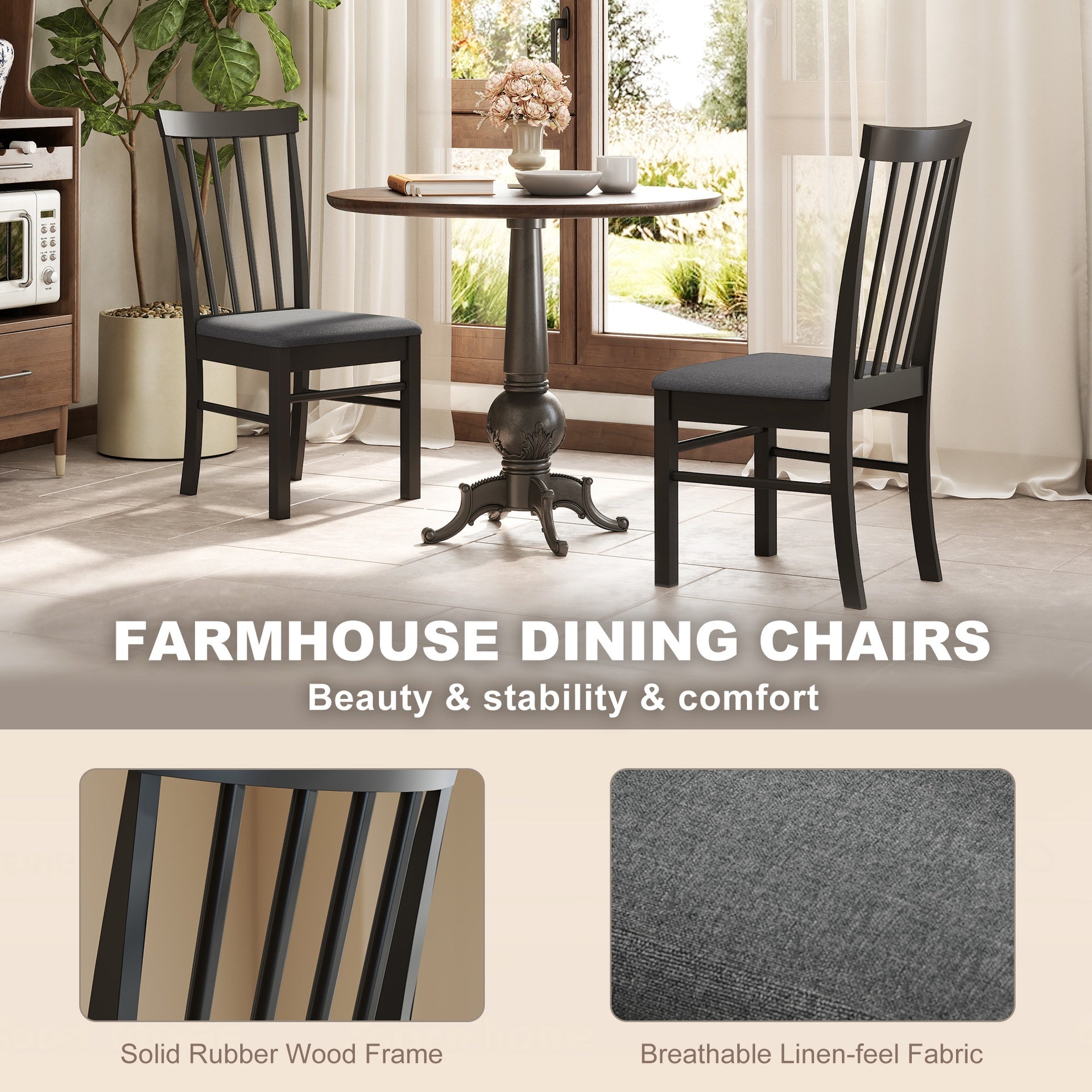 HOMCOM Wooden Dining Chairs Set of 2, Farmhouse Upholstered Kitchen Chairs with Rubber Wood Frame, Black and Gray