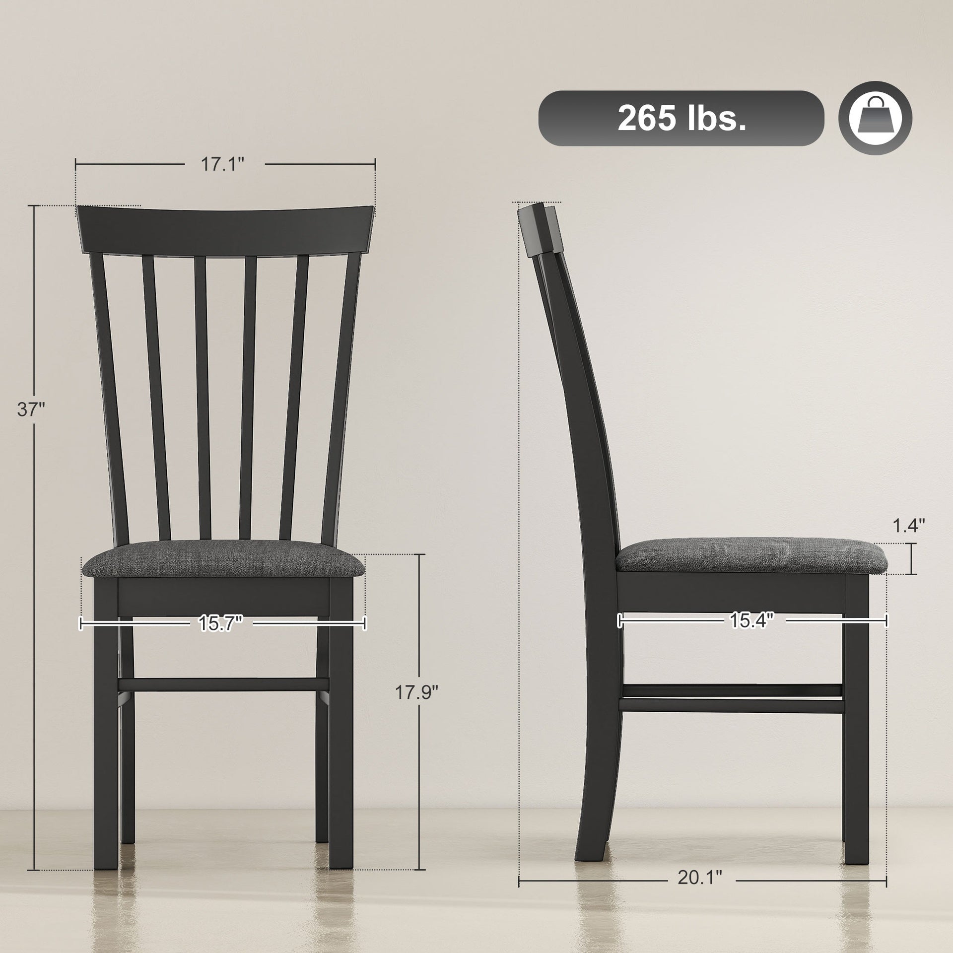 HOMCOM Wooden Dining Chairs Set of 2, Farmhouse Upholstered Kitchen Chairs with Rubber Wood Frame, Black and Gray