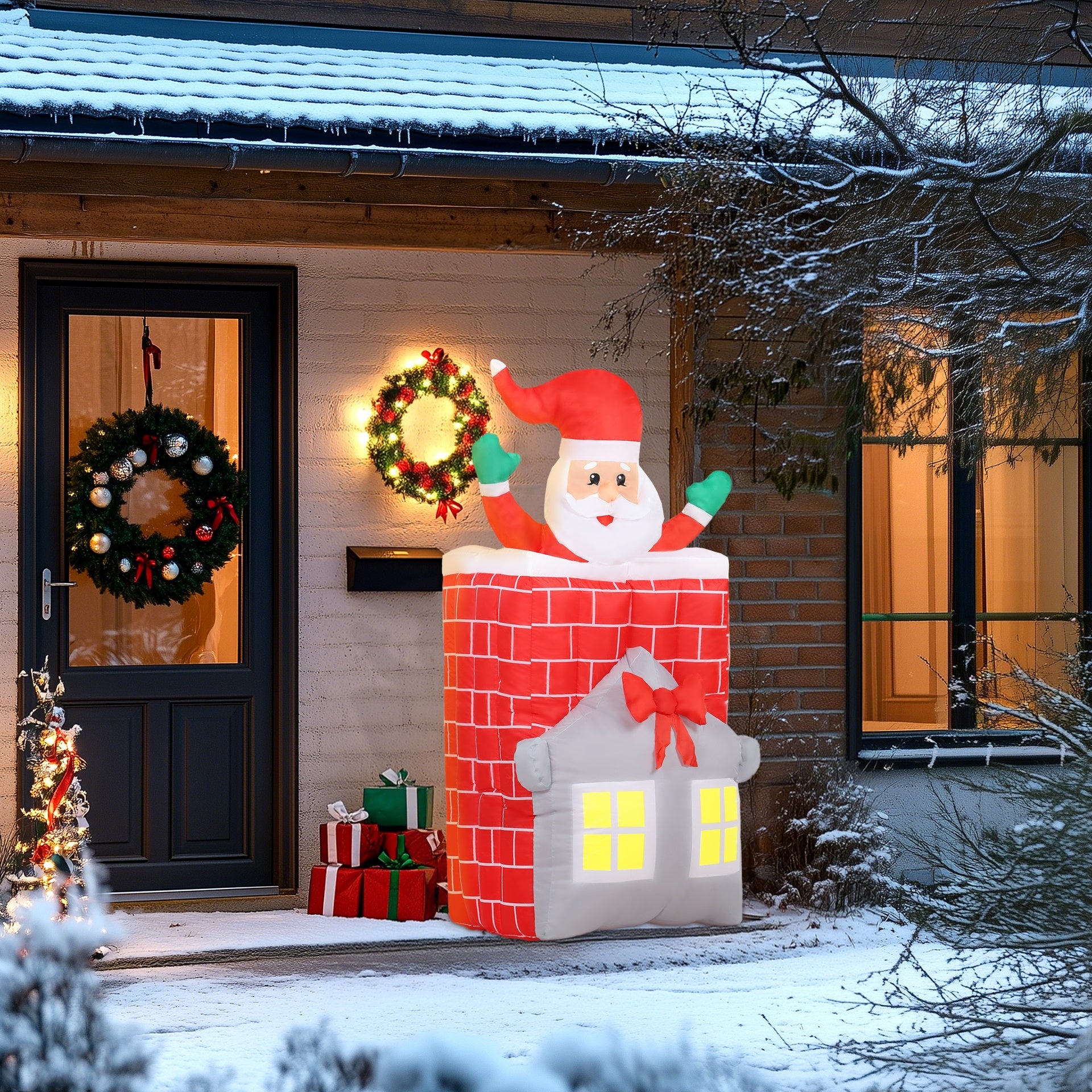 Outsunny 7FT Christmas Inflatable Santa in Chimney Up and Down, Blow Up Decoration with Built-in LED Lights for Indoor Party