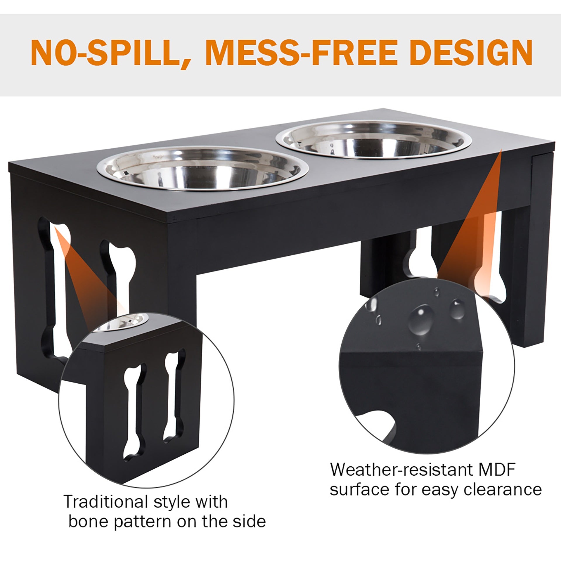 PawHut 23" Modern Decorative Raised Dog Bowls, Wooden Heavy Duty Pet Food and Water Bowl, Elevated Feeding Station, Black