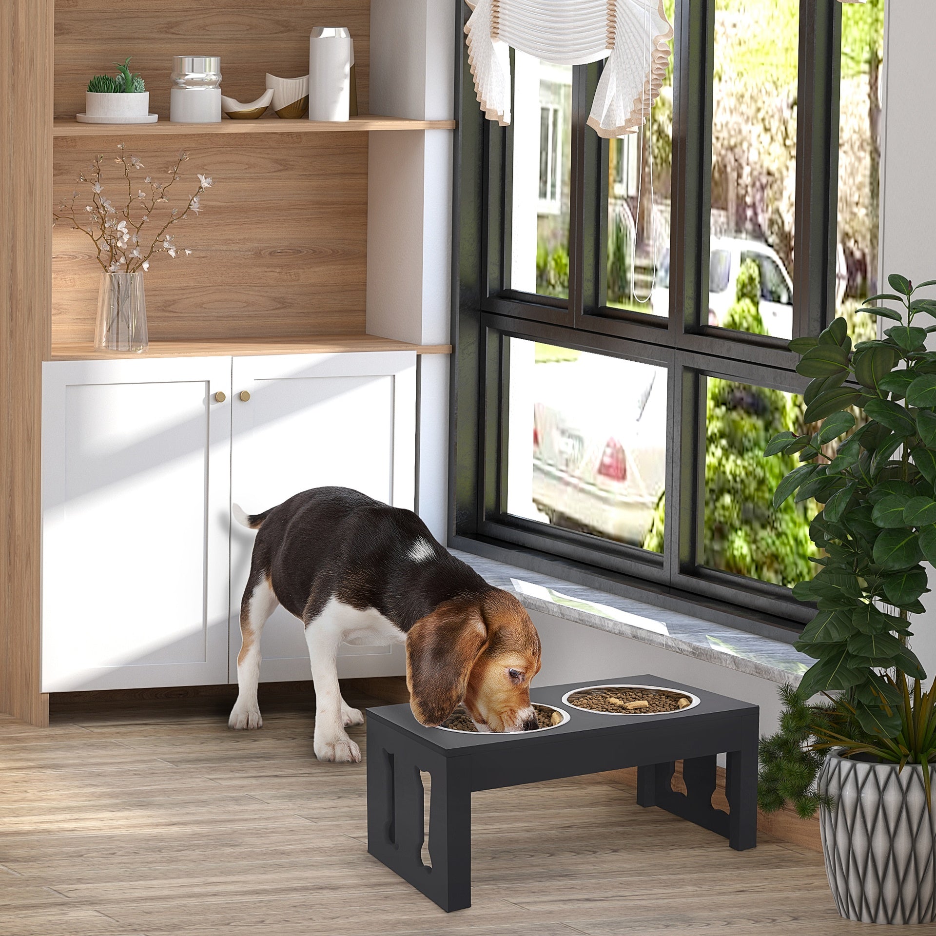 PawHut 23" Modern Decorative Raised Dog Bowls, Wooden Heavy Duty Pet Food and Water Bowl, Elevated Feeding Station, Black
