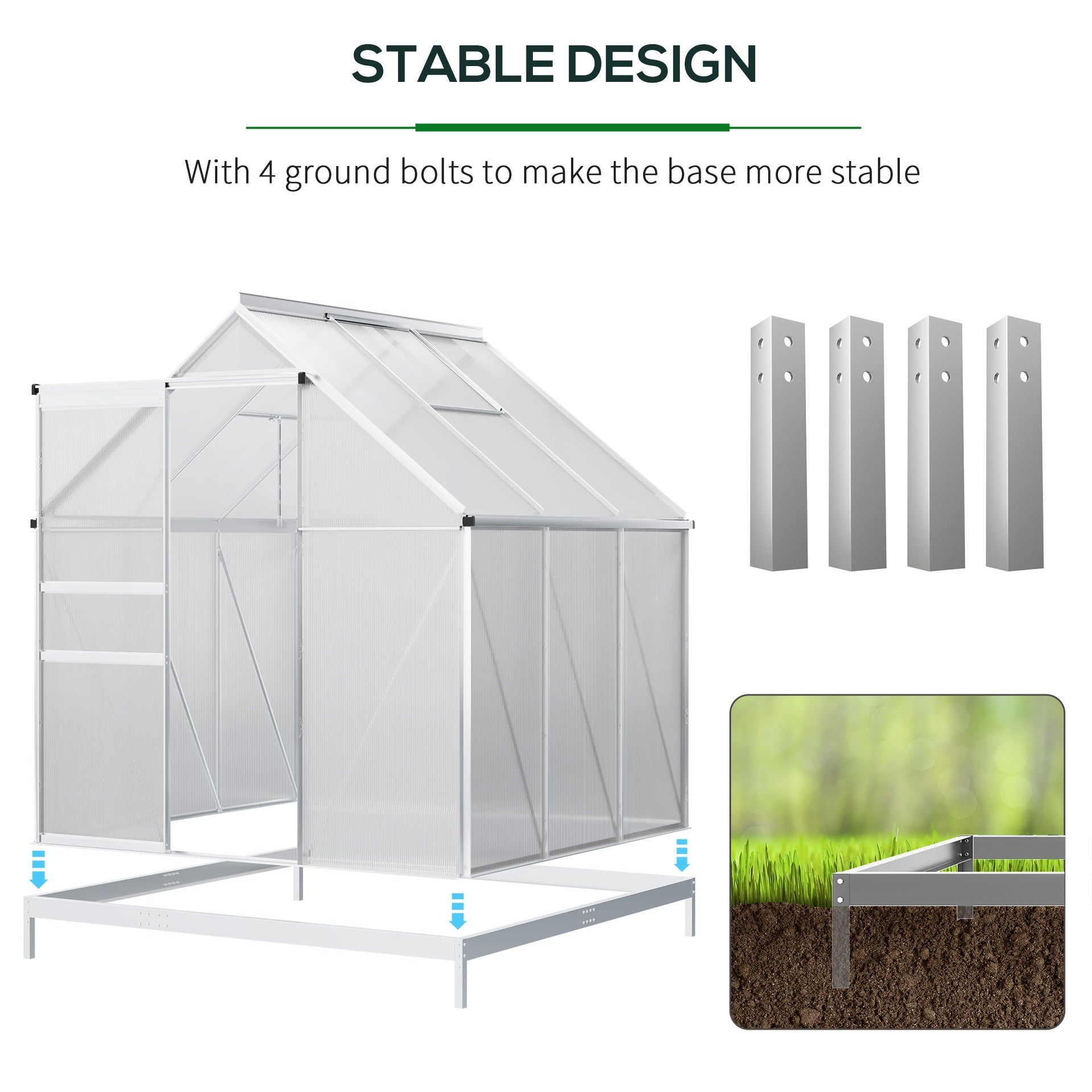 Outsunny 6' x 6' x 6.5' Polycarbonate Greenhouse with Aluminum Frame, Walk-in Heavy Duty Green House with Adjustable Roof Vent, Rain Gutter and Sliding Door for Winter, Silver