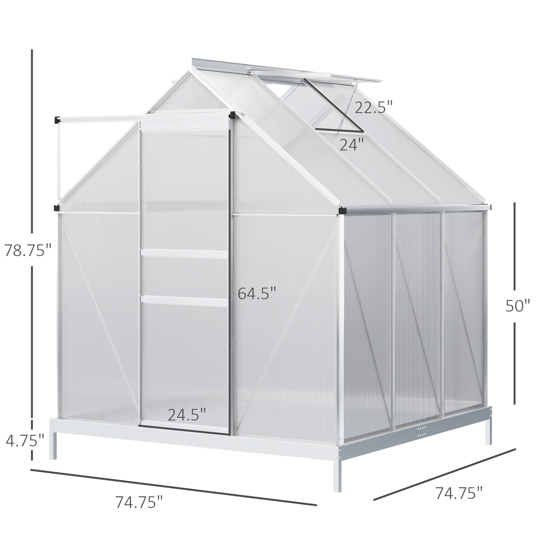 Outsunny 6' x 6' x 6.5' Polycarbonate Greenhouse with Aluminum Frame, Walk-in Heavy Duty Green House with Adjustable Roof Vent, Rain Gutter and Sliding Door for Winter, Silver