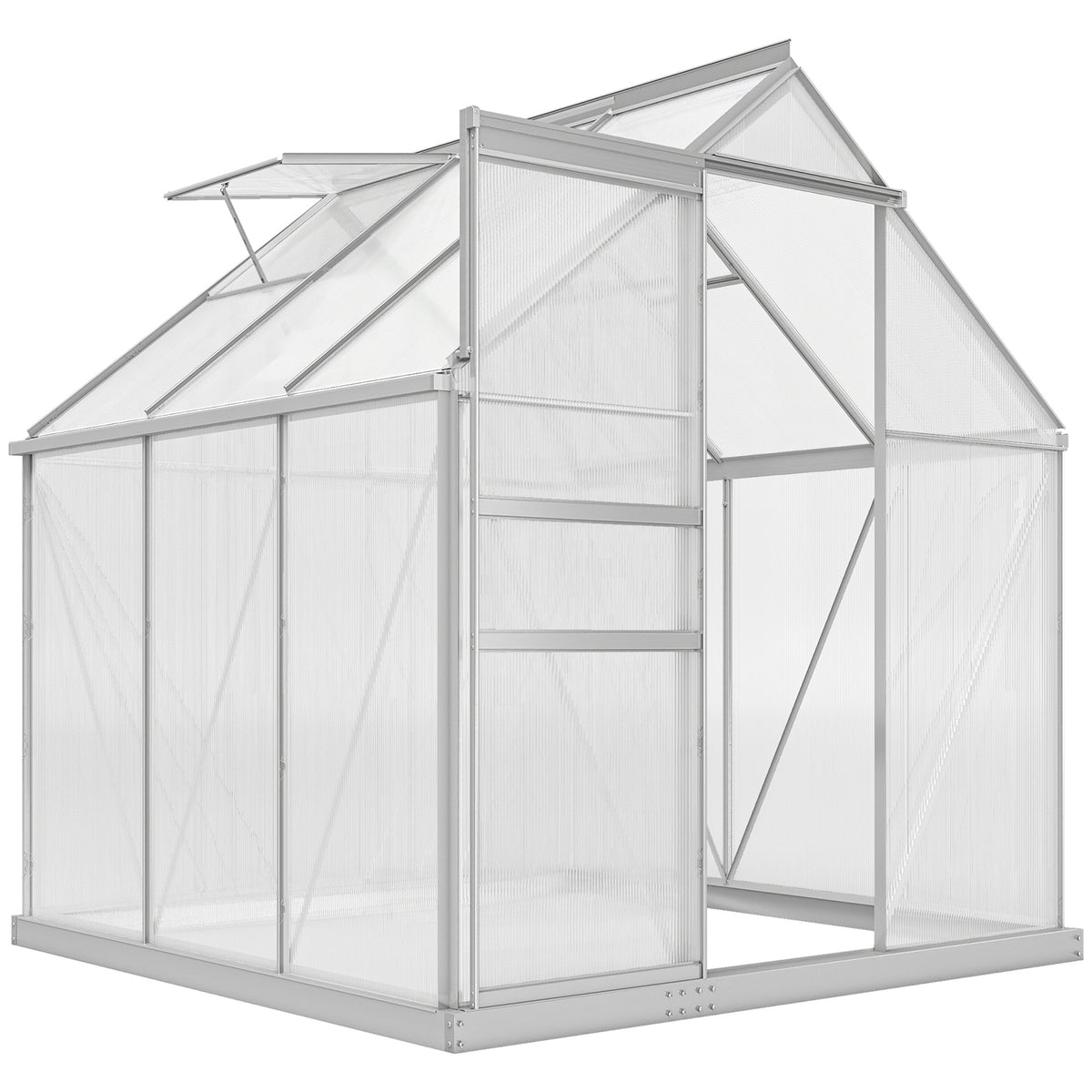 Outsunny 6' x 6' x 6.5' Polycarbonate Greenhouse with Aluminum Frame, Walk-in Heavy Duty Green House with Adjustable Roof Vent, Rain Gutter and Sliding Door for Winter, Silver