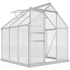 Outsunny 6' x 6' x 6.5' Polycarbonate Greenhouse with Aluminum Frame, Walk-in Heavy Duty Green House with Adjustable Roof Vent, Rain Gutter and Sliding Door for Winter, Silver