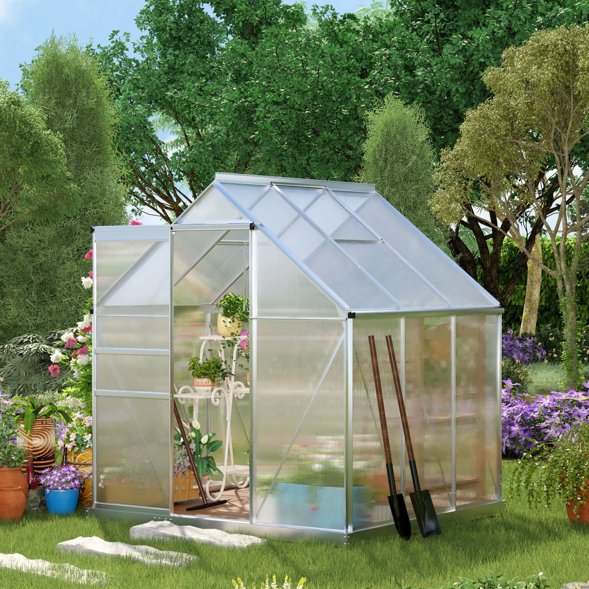 Outsunny 6' x 6' x 6.5' Polycarbonate Greenhouse with Aluminum Frame, Walk-in Heavy Duty Green House with Adjustable Roof Vent, Rain Gutter and Sliding Door for Winter, Silver