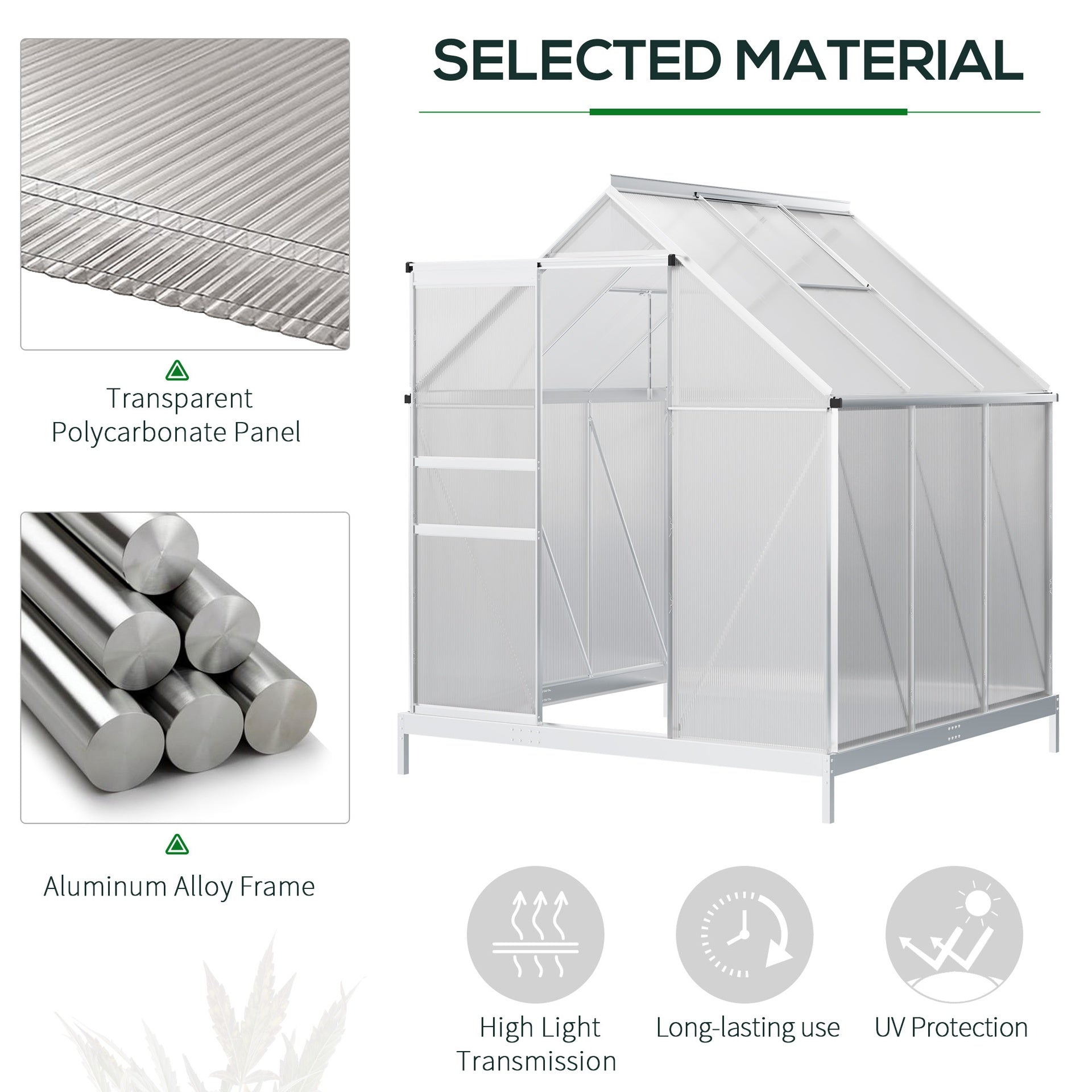 Outsunny 6' x 6' x 6.5' Polycarbonate Greenhouse with Aluminum Frame, Walk-in Heavy Duty Green House with Adjustable Roof Vent, Rain Gutter and Sliding Door for Winter, Silver