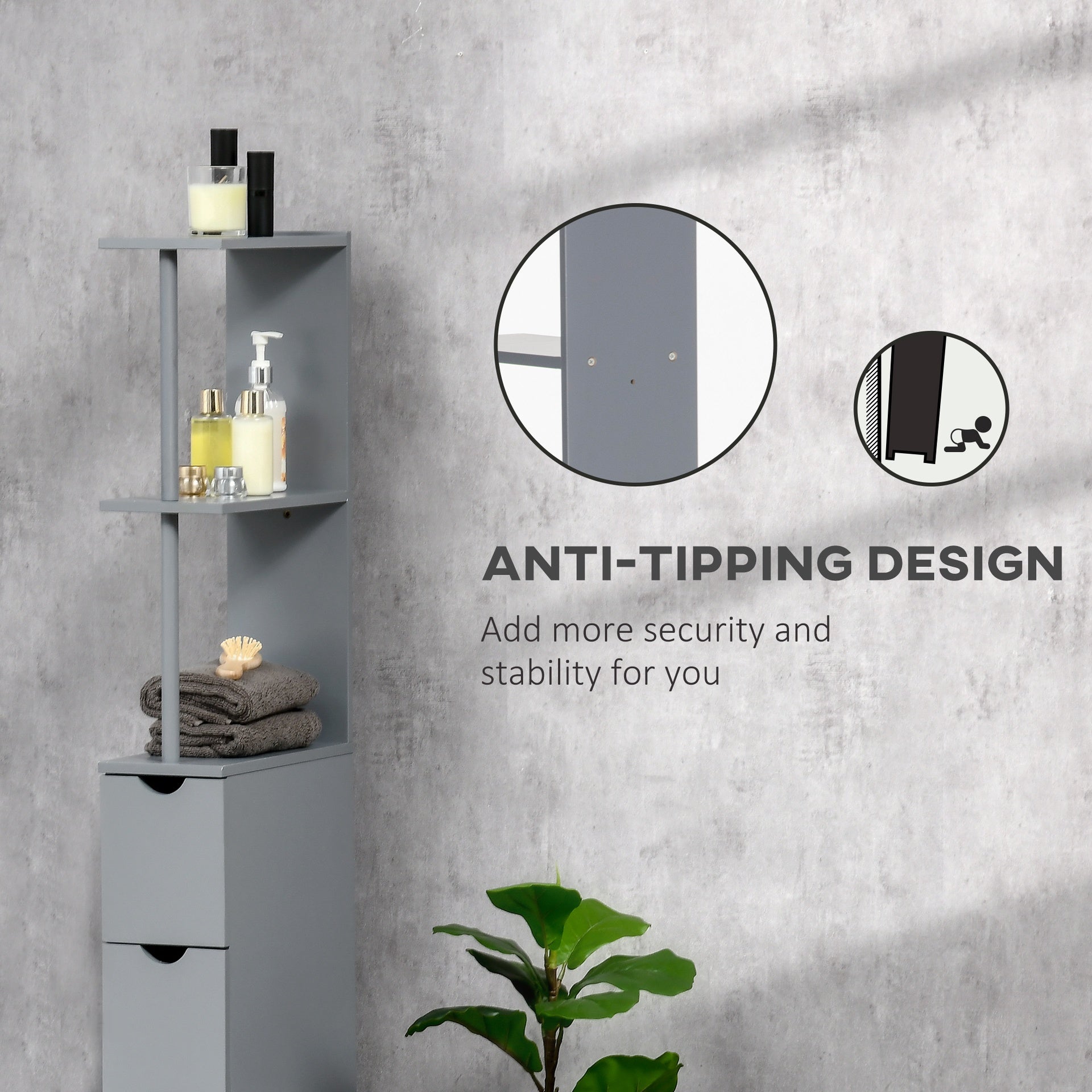 HOMCOM 54" Tall Bathroom Storage Cabinet, Freestanding Linen Tower with 2-Tier Shelf and Drawers, Narrow Side Floor Organizer, Grey
