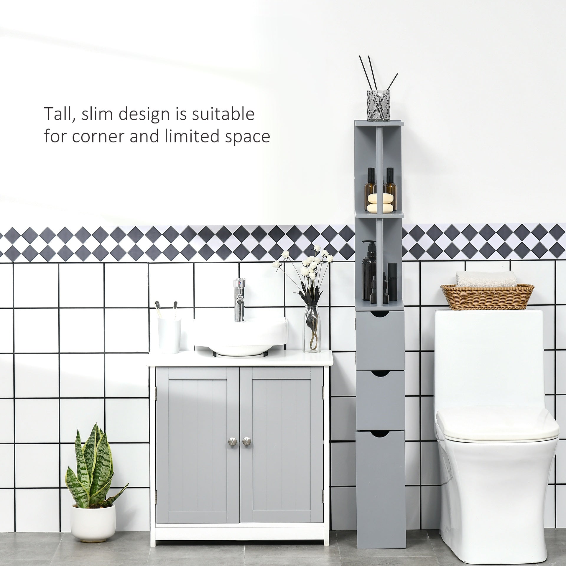 HOMCOM 54" Tall Bathroom Storage Cabinet, Freestanding Linen Tower with 2-Tier Shelf and Drawers, Narrow Side Floor Organizer, Grey