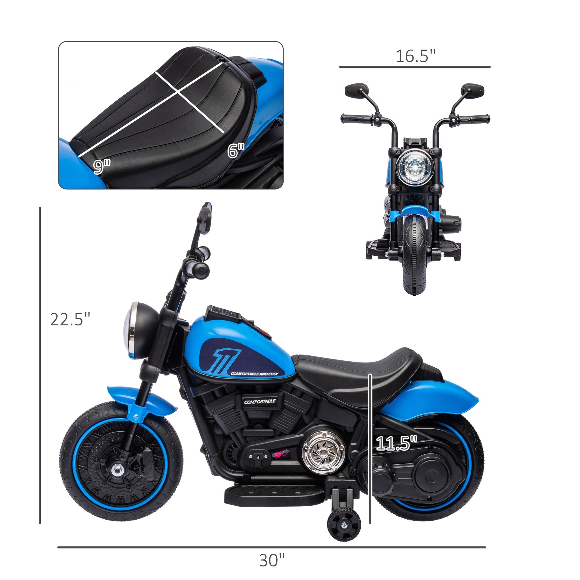Aosom 6V Kids Motorcycle w/ Training Wheels, Single-Button Start, Blue