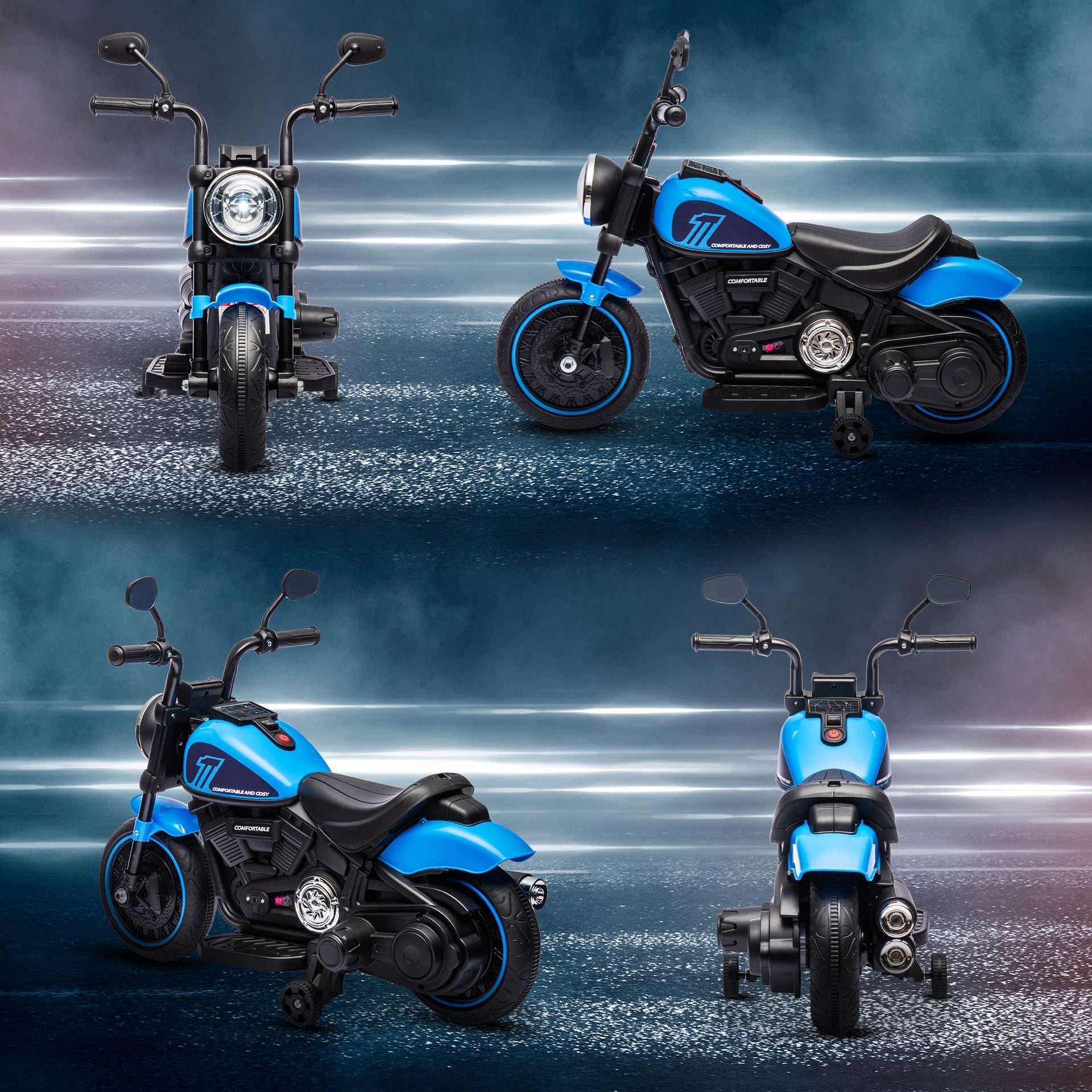 Aosom 6V Kids Motorcycle w/ Training Wheels, Single-Button Start, Blue