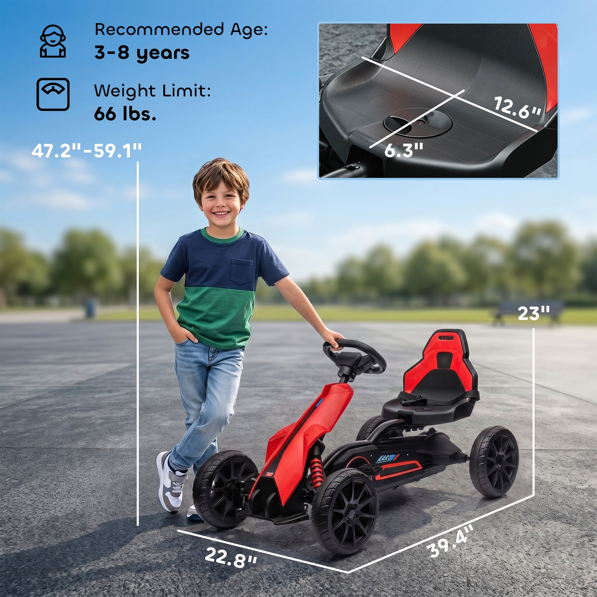 Aosom Kids Pedal Go Kart W/ Adjustable Seat, Swing Axle, Red