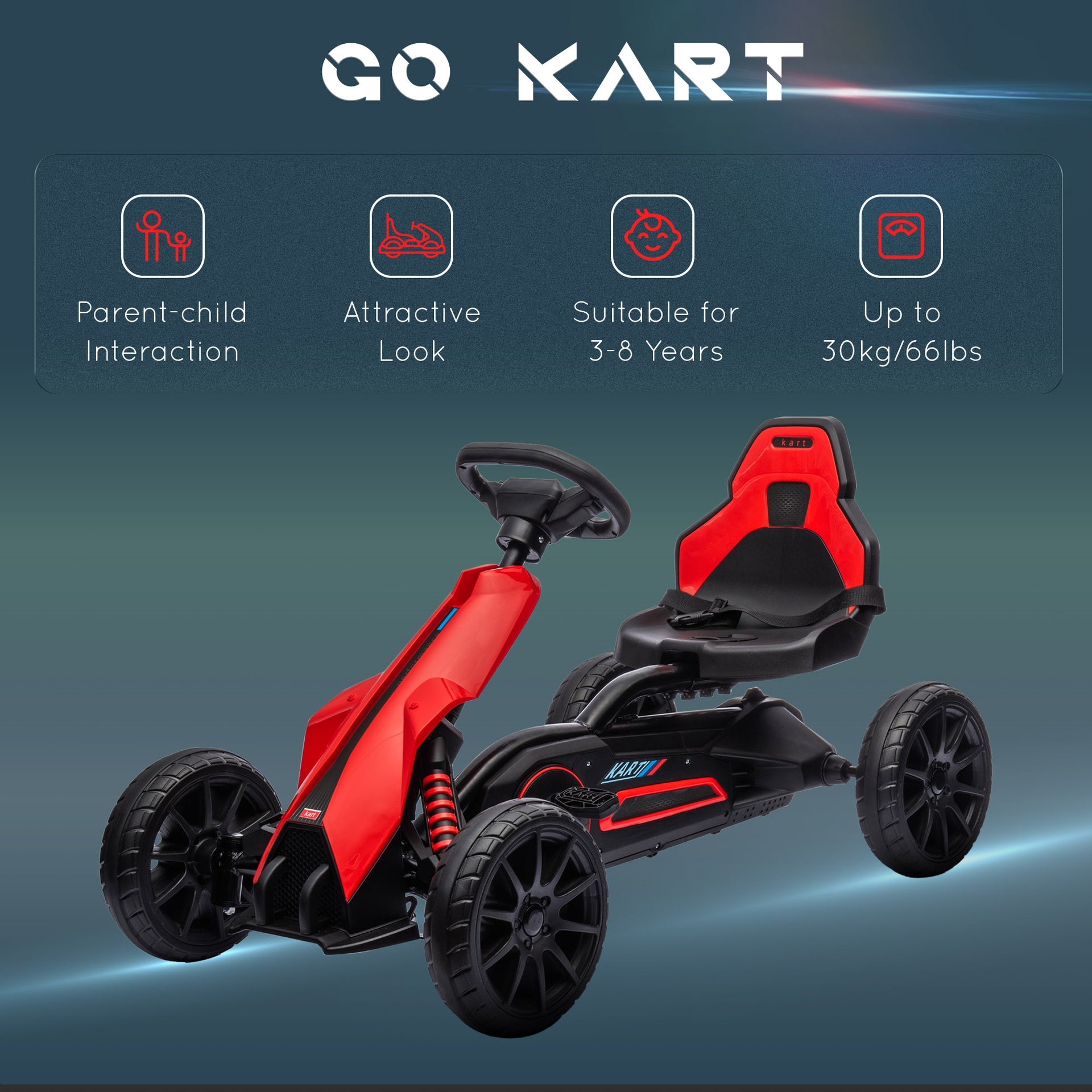 Aosom Kids Pedal Go Kart W/ Adjustable Seat, Swing Axle, Red
