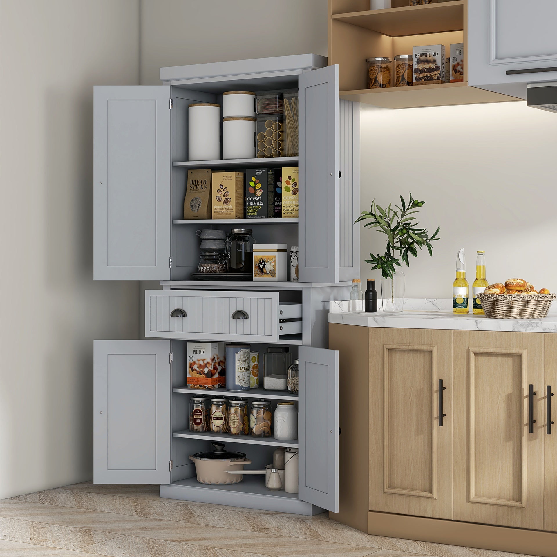 HOMCOM 72" Traditional Kitchen Pantry Cabinet, Freestanding Tall Storage Cabinet with 4 Doors, Drawer and 3 Adjustable Shelves for Dining Room, Gray