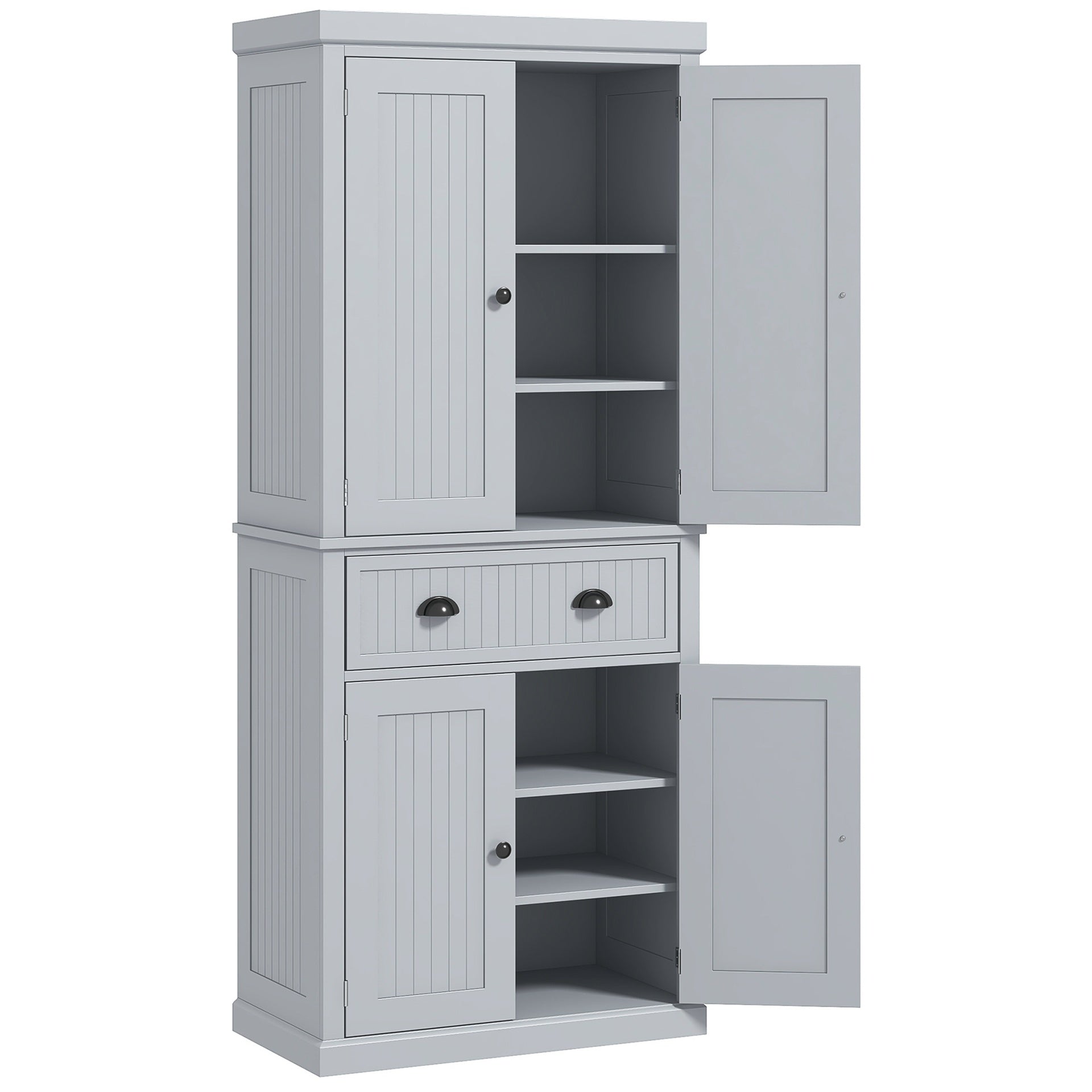 HOMCOM 72" Traditional Kitchen Pantry Cabinet, Freestanding Tall Storage Cabinet with 4 Doors, Drawer and 3 Adjustable Shelves for Dining Room, Gray