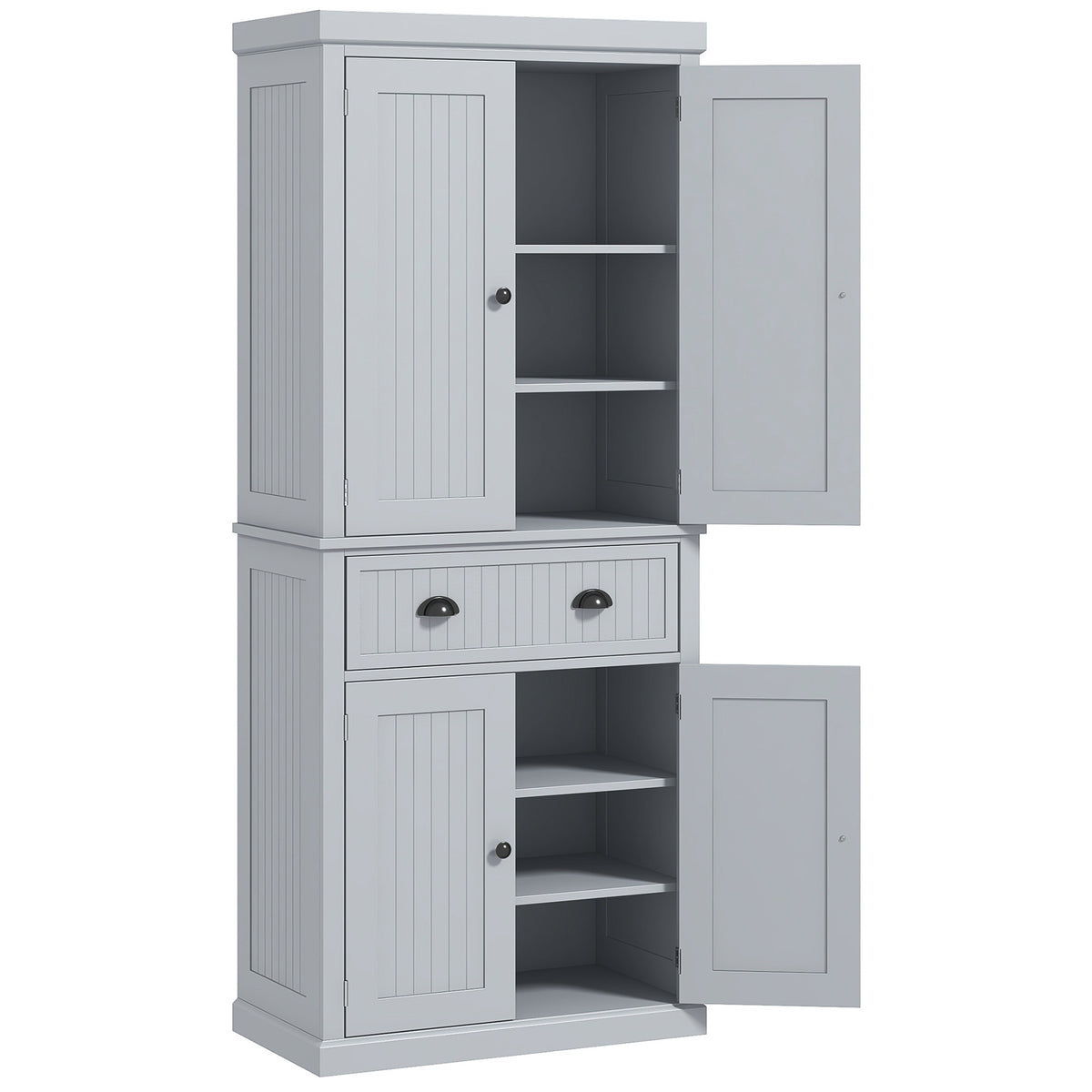 HOMCOM 72" Traditional Kitchen Pantry Cabinet, Freestanding Tall Storage Cabinet with 4 Doors, Drawer and 3 Adjustable Shelves for Dining Room, Gray