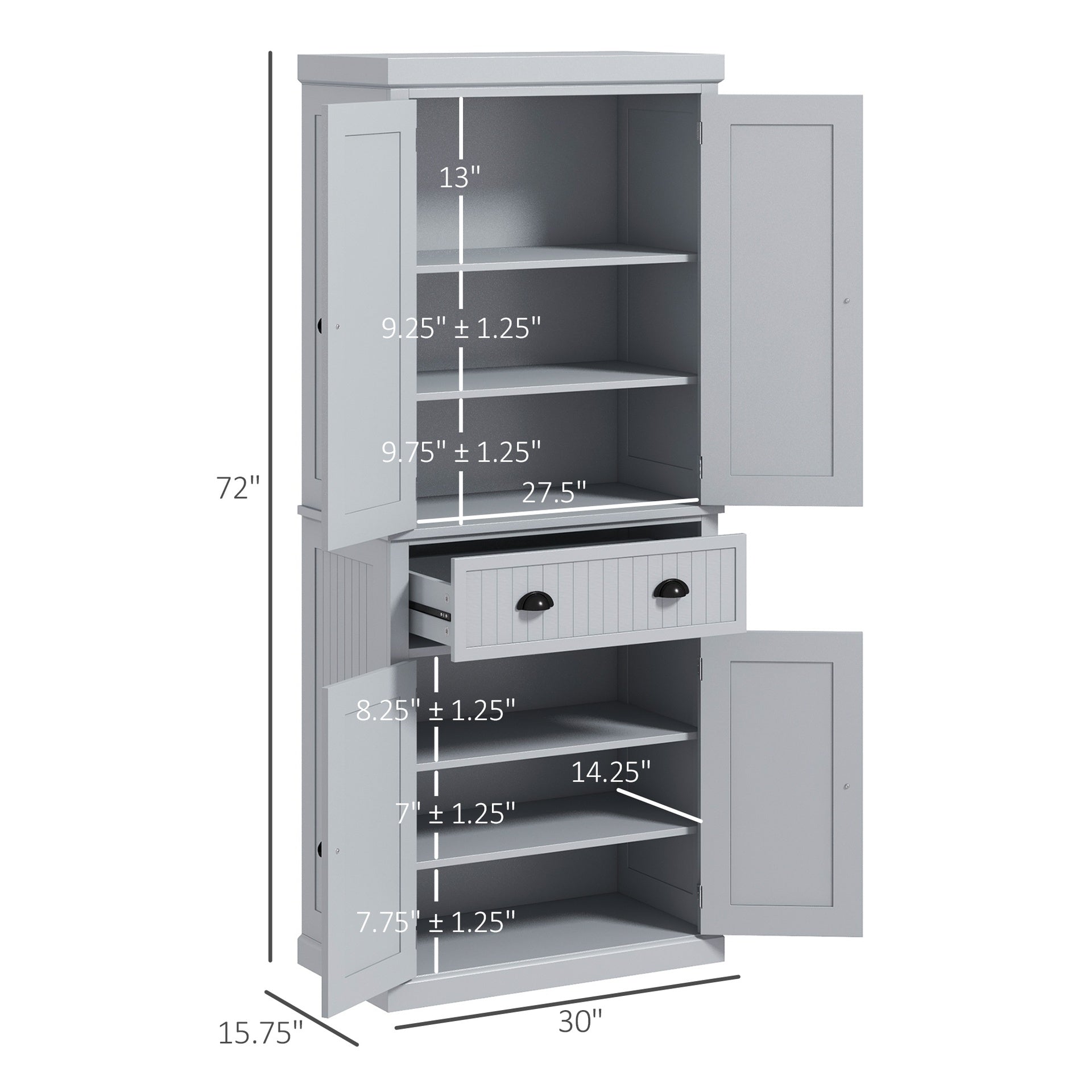HOMCOM 72" Traditional Kitchen Pantry Cabinet, Freestanding Tall Storage Cabinet with 4 Doors, Drawer and 3 Adjustable Shelves for Dining Room, Gray