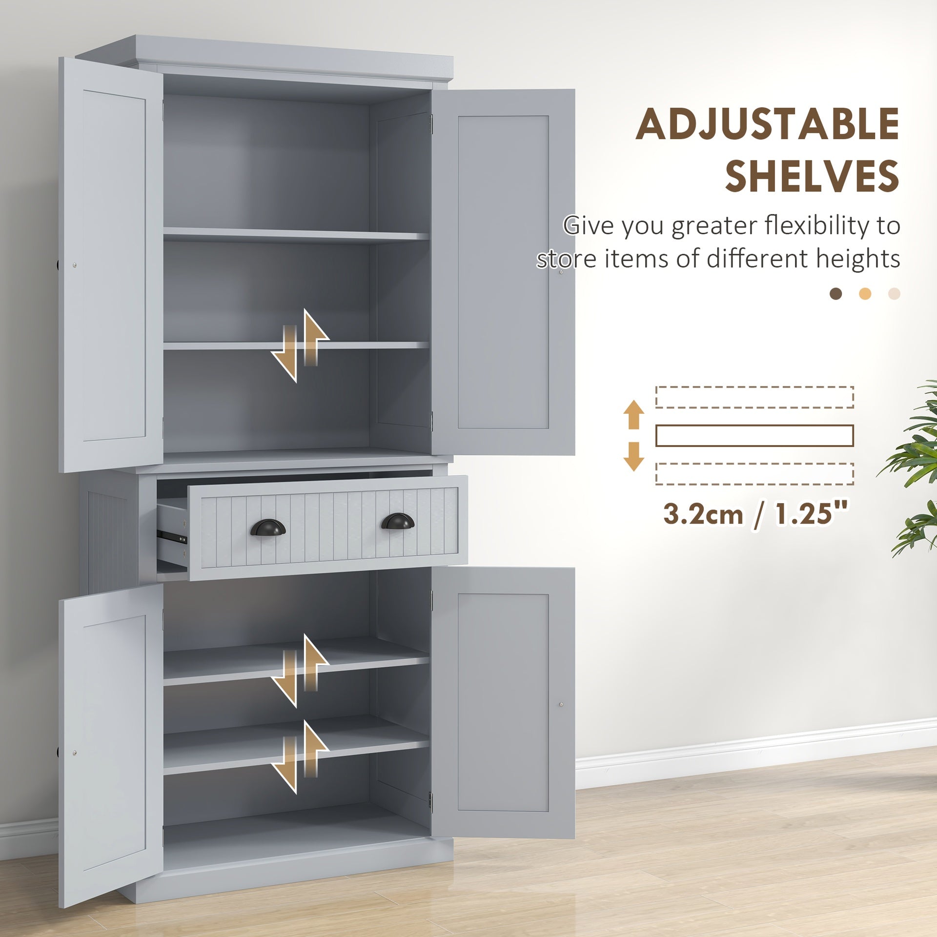 HOMCOM 72" Traditional Kitchen Pantry Cabinet, Freestanding Tall Storage Cabinet with 4 Doors, Drawer and 3 Adjustable Shelves for Dining Room, Gray