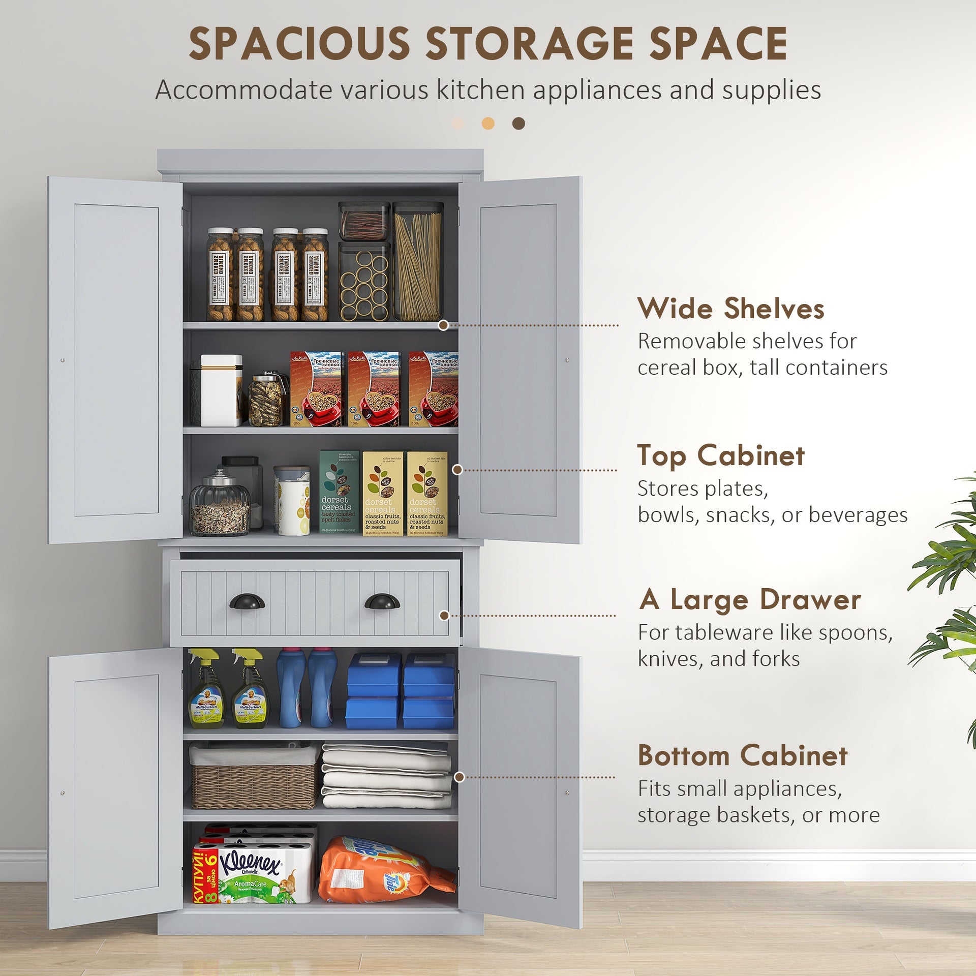 HOMCOM 72" Traditional Kitchen Pantry Cabinet, Freestanding Tall Storage Cabinet with 4 Doors, Drawer and 3 Adjustable Shelves for Dining Room, Gray