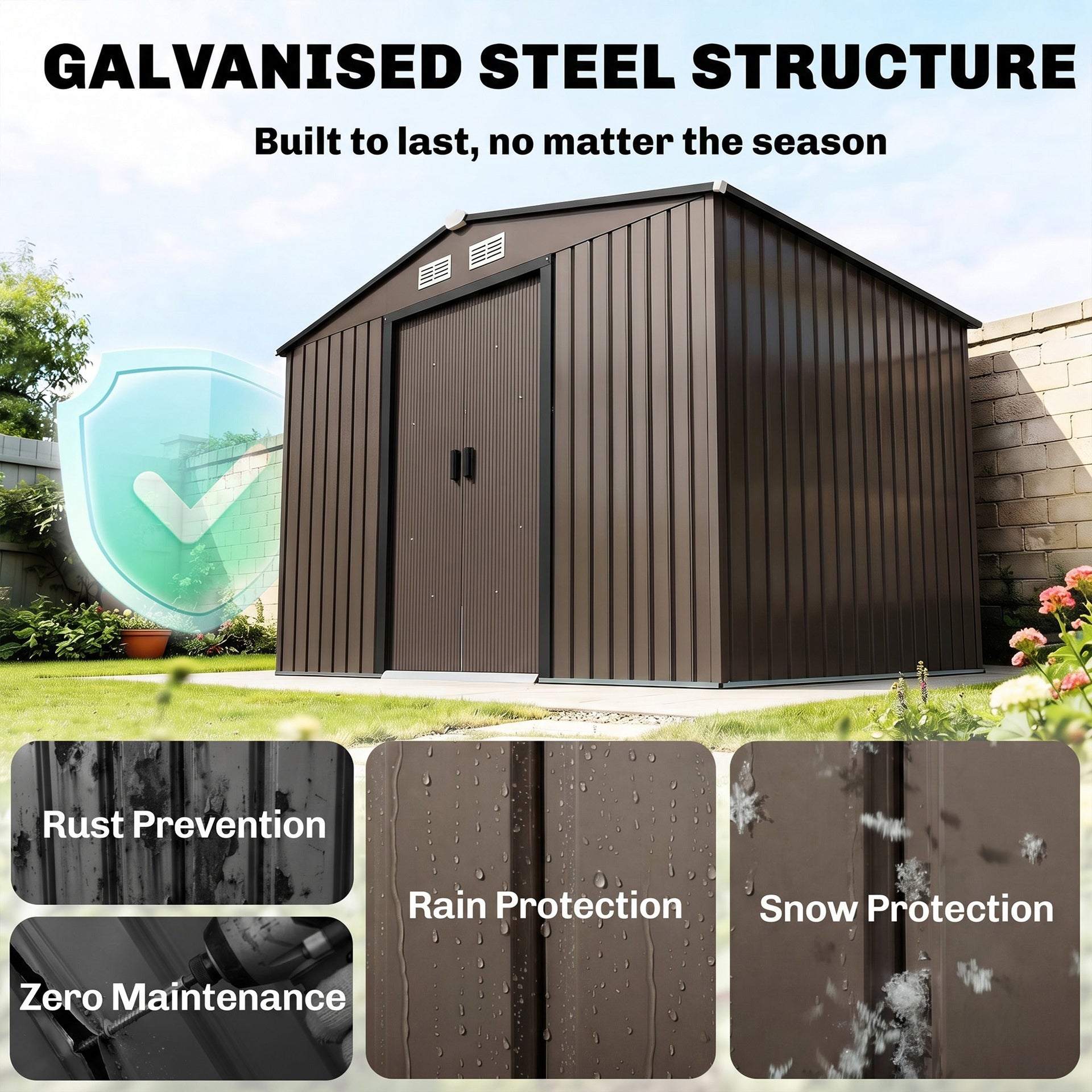 Outsunny Outdoor Shed Garden Storage Shed Tool Storage Building with 4 Vents and 2 Sliding Doors, 9 x 6 FT, Brown
