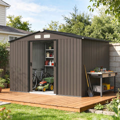 Outsunny Outdoor Shed Garden Storage Shed Tool Storage Building with 4 Vents and 2 Sliding Doors, 9 x 6 FT, Brown