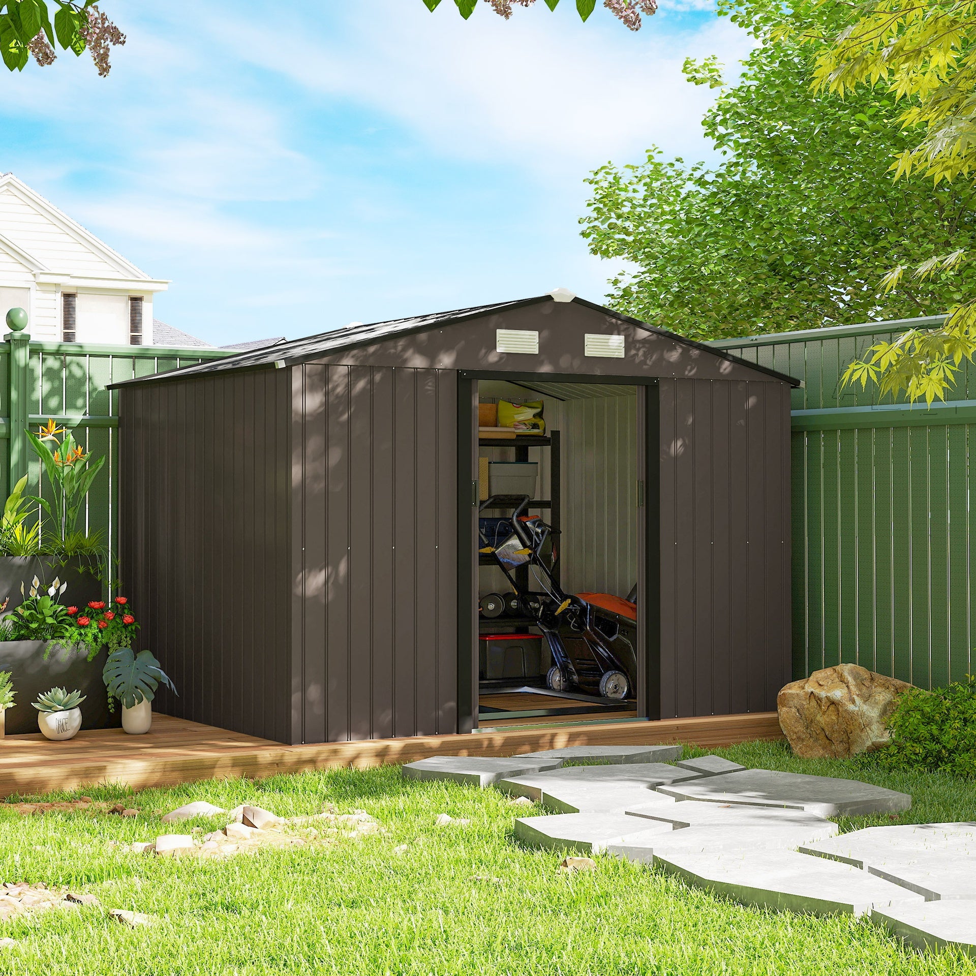 Outsunny Outdoor Shed Garden Storage Shed Tool Storage Building with 4 Vents and 2 Sliding Doors, 9 x 6 FT, Brown