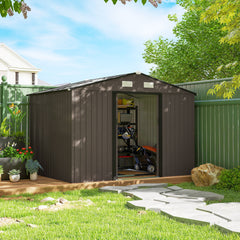 Outsunny Outdoor Shed Garden Storage Shed Tool Storage Building with 4 Vents and 2 Sliding Doors, 9 x 6 FT, Brown