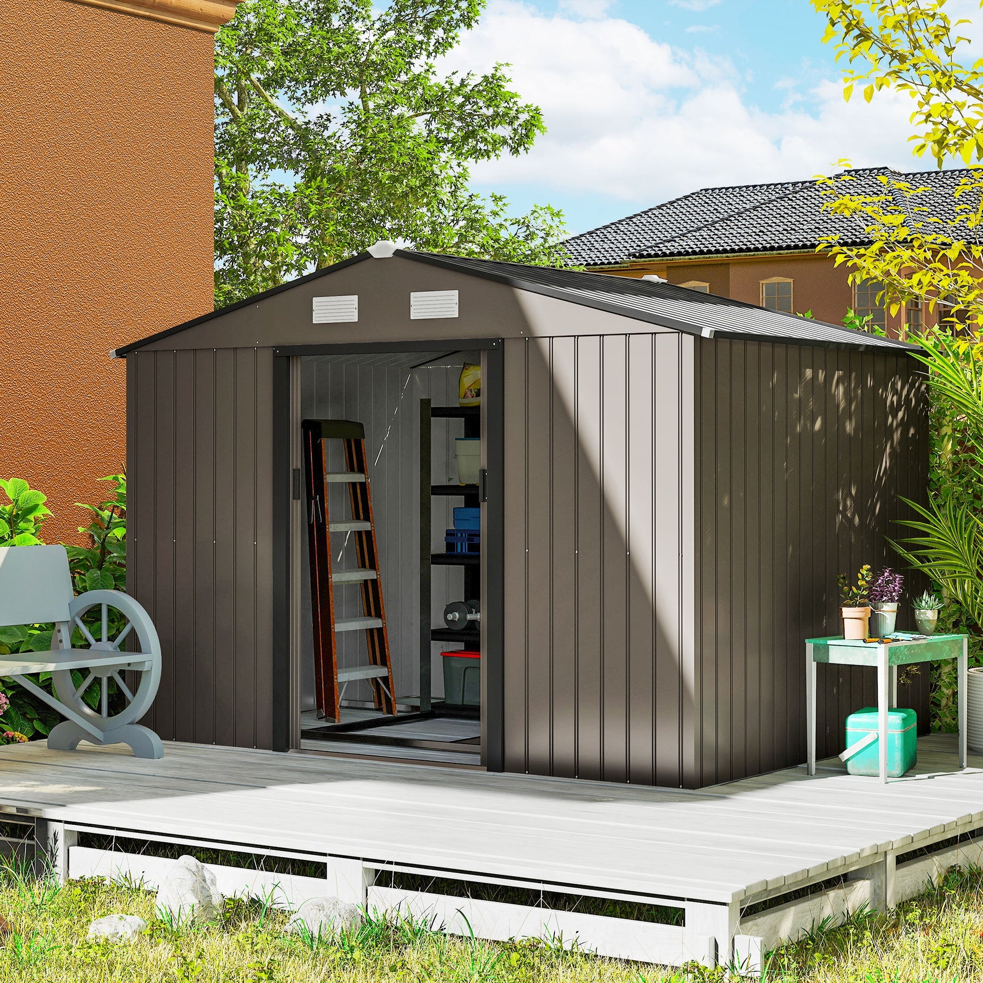 Outsunny Outdoor Shed Garden Storage Shed Tool Storage Building with 4 Vents and 2 Sliding Doors, 9 x 6 FT, Brown