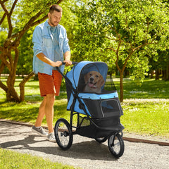 PawHut 3 Wheels Pet Stroller for Small Dogs and Medium Dogs with Adjustable Canopy, Safety Tether, Storage Basket, Blue