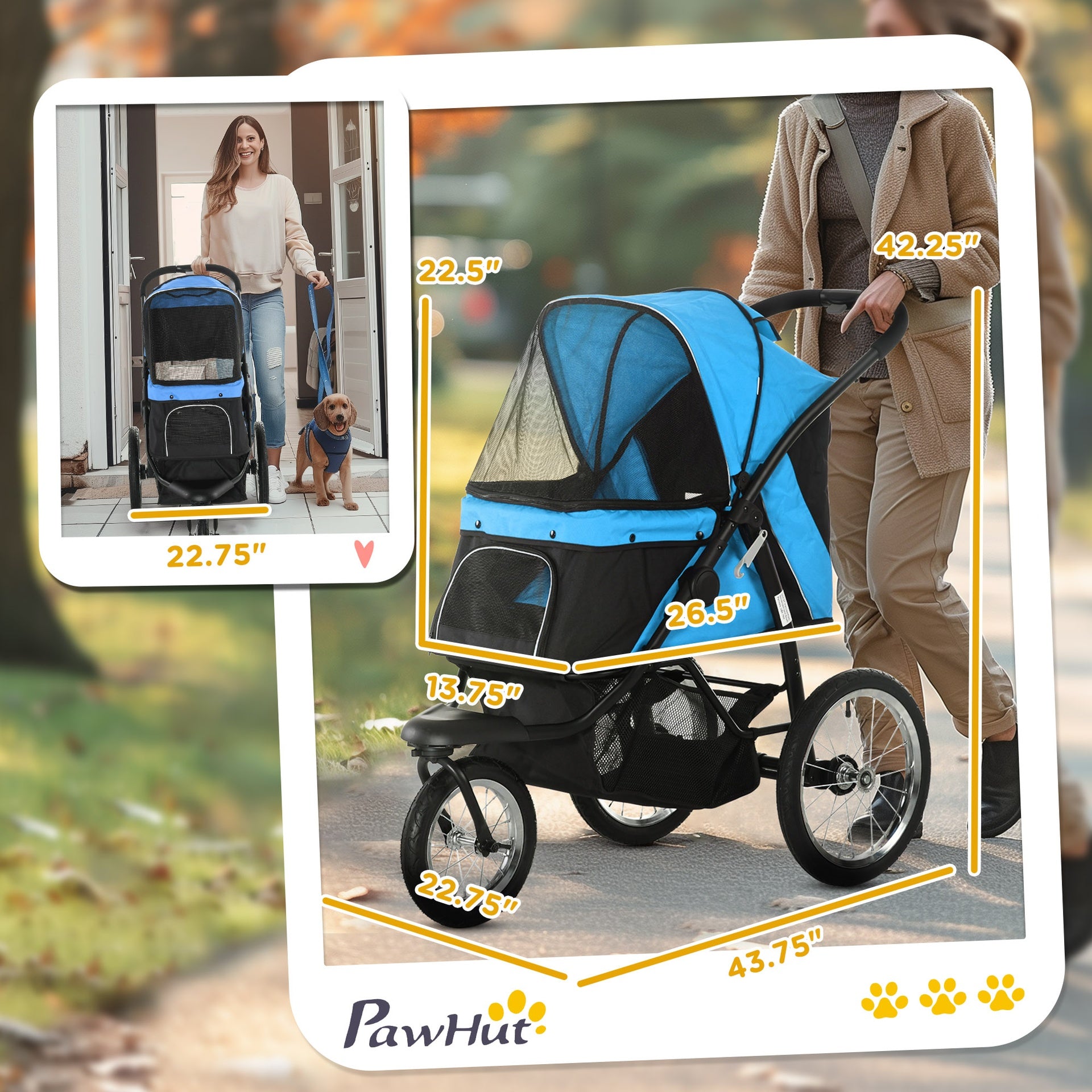 PawHut 3 Wheels Pet Stroller for Small Dogs and Medium Dogs with Adjustable Canopy, Safety Tether, Storage Basket, Blue
