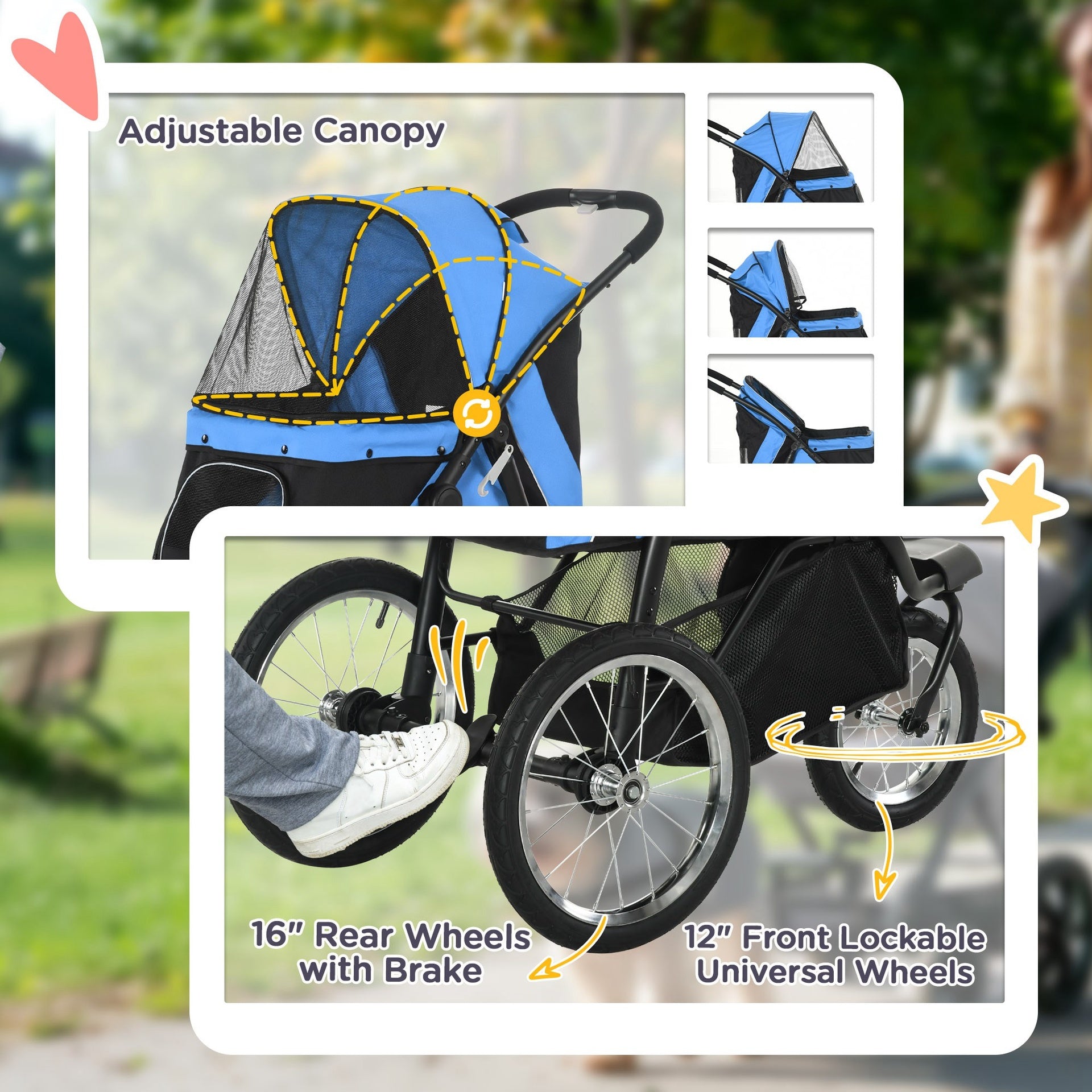 PawHut 3 Wheels Pet Stroller for Small Dogs and Medium Dogs with Adjustable Canopy, Safety Tether, Storage Basket, Blue