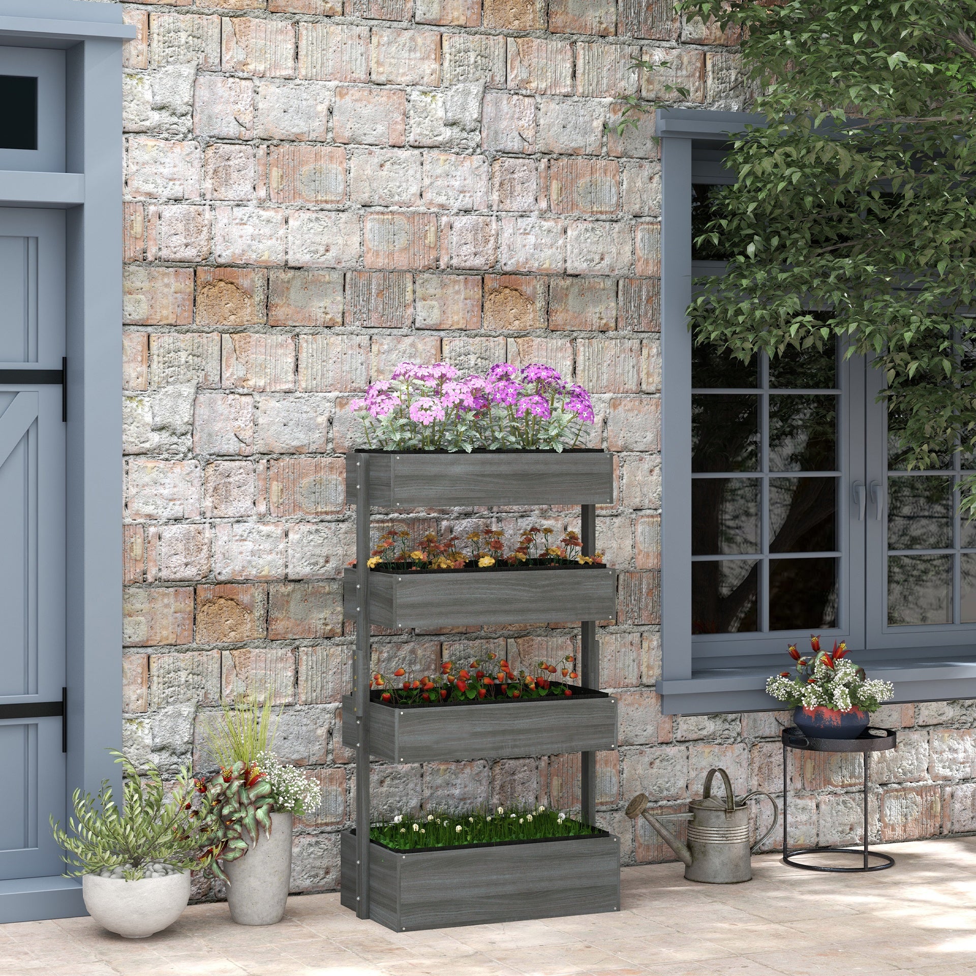 Outsunny Outdoor Wooden Vertical Garden Planter, 4 Tier Planter Box, Self-Draining for Flowers, Vegetables, Herbs, Gray