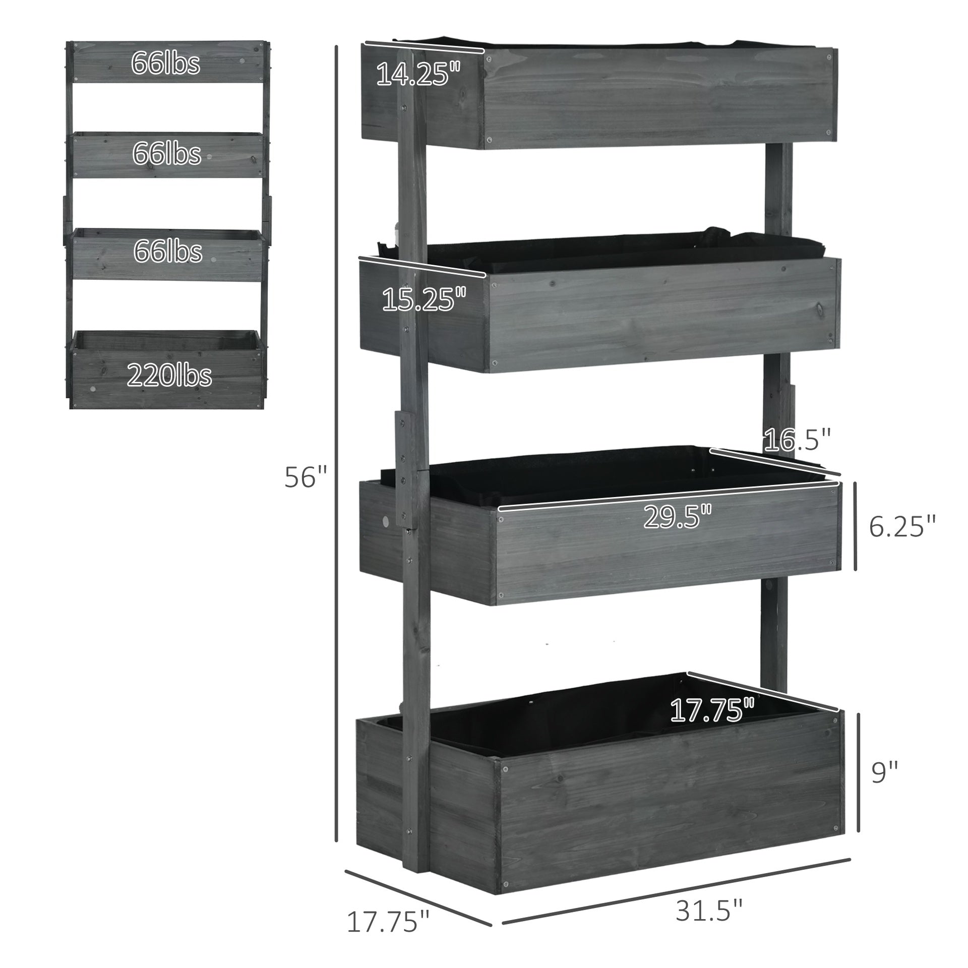 Outsunny Outdoor Wooden Vertical Garden Planter, 4 Tier Planter Box, Self-Draining for Flowers, Vegetables, Herbs, Gray